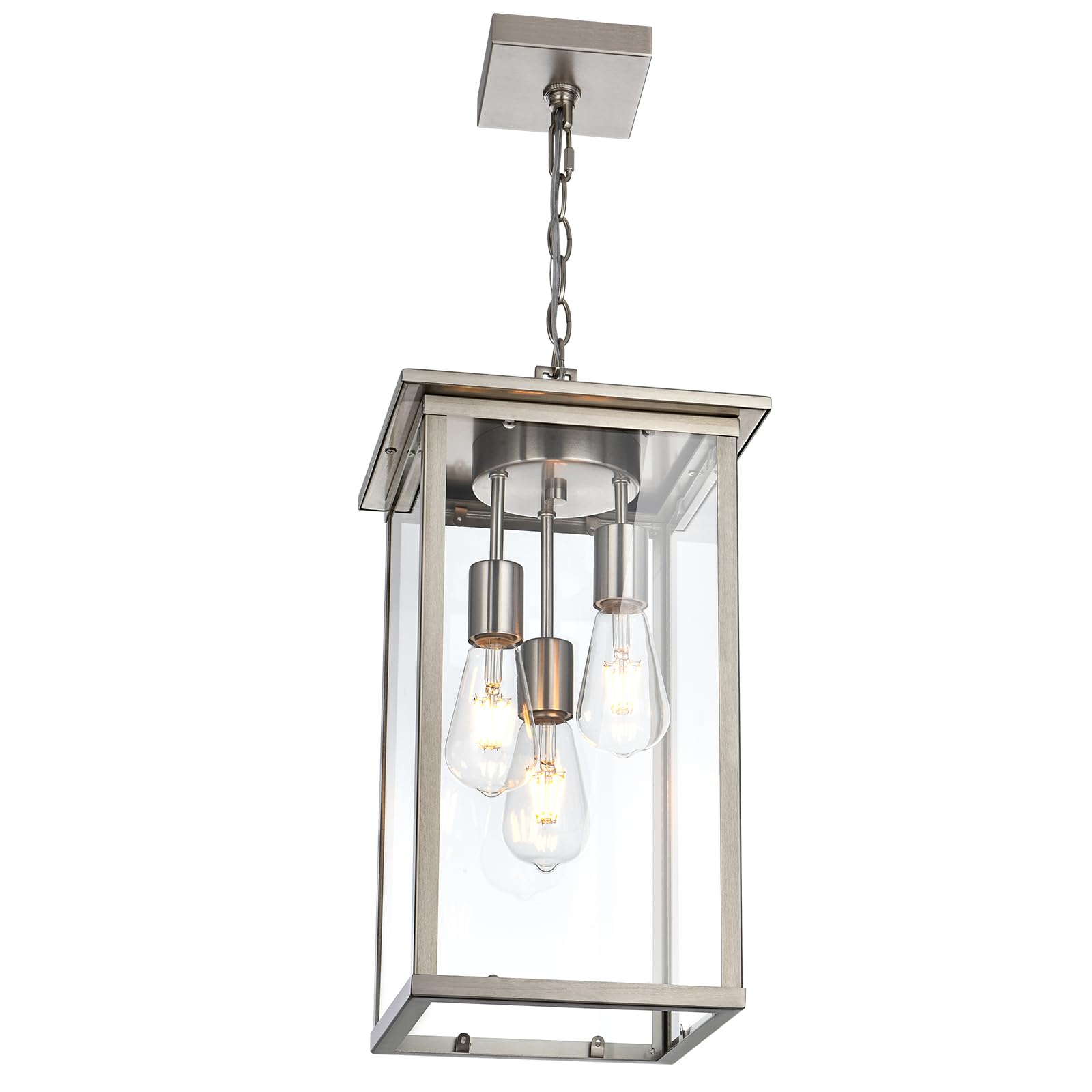 3-Lights Large Outdoor Pendant Light, Black Porch Ceiling Lighting Fixtures with Seeded Glass Panel, Exterior Hanging Lantern Adjustable Chain for Yard Entryway Patio