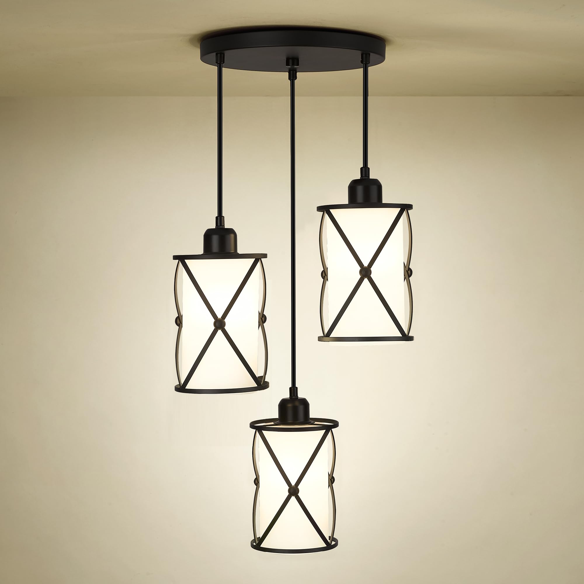 Brushed Gold Pendant Light Fixtures, 3-Light Modern Dining Room Cluster Pendant Light with Milky Glass, Mid Century Cage Hanging Pendant Lighting for Kitchen, Adjustable, CH9176BGW3