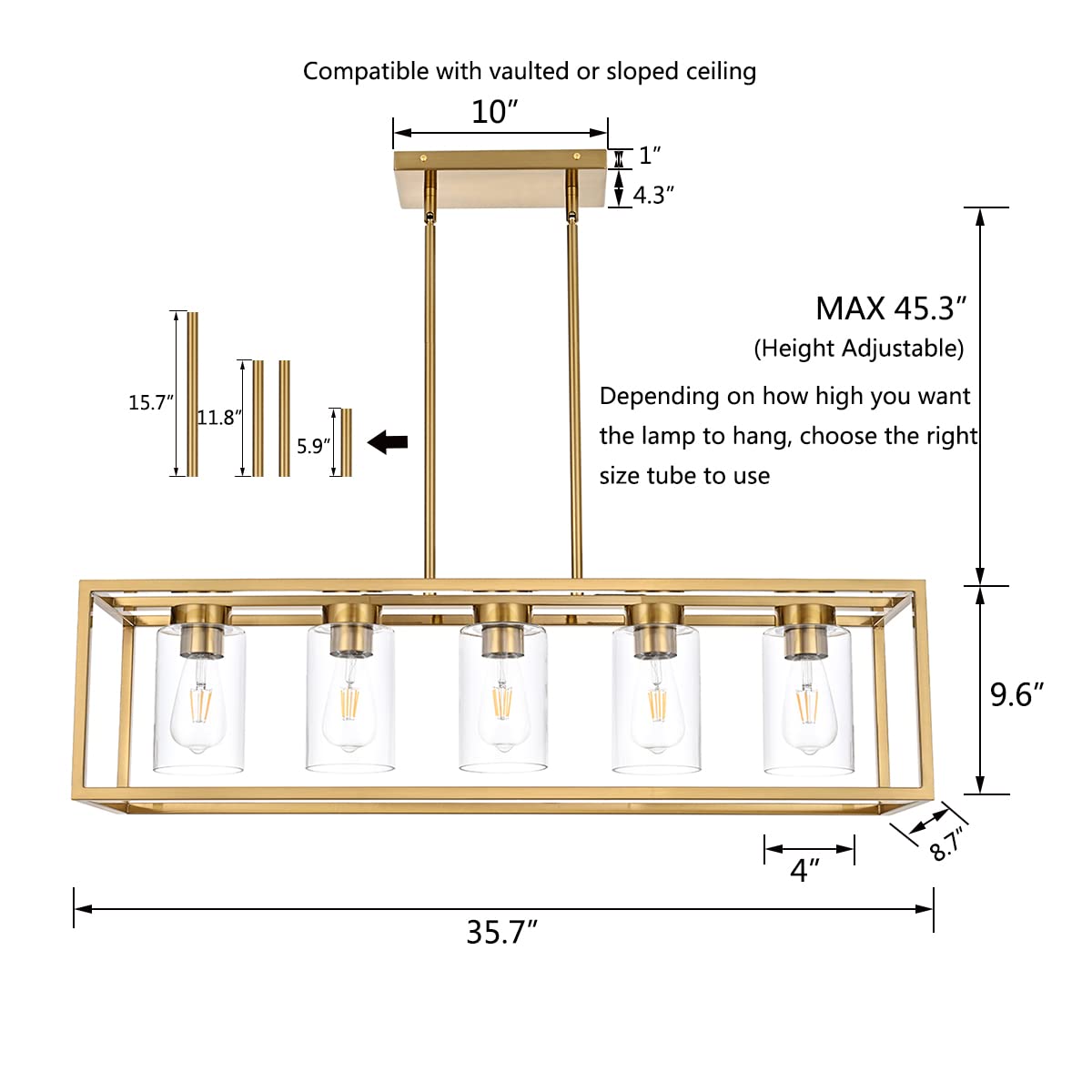 Farmhouse Chandelier for Kitchen Island, Matte Black 5-Light Dining Room Lighting Fixtures, Modern Rectangular Pendant Lighting Chandelier with Clear Glass Shade