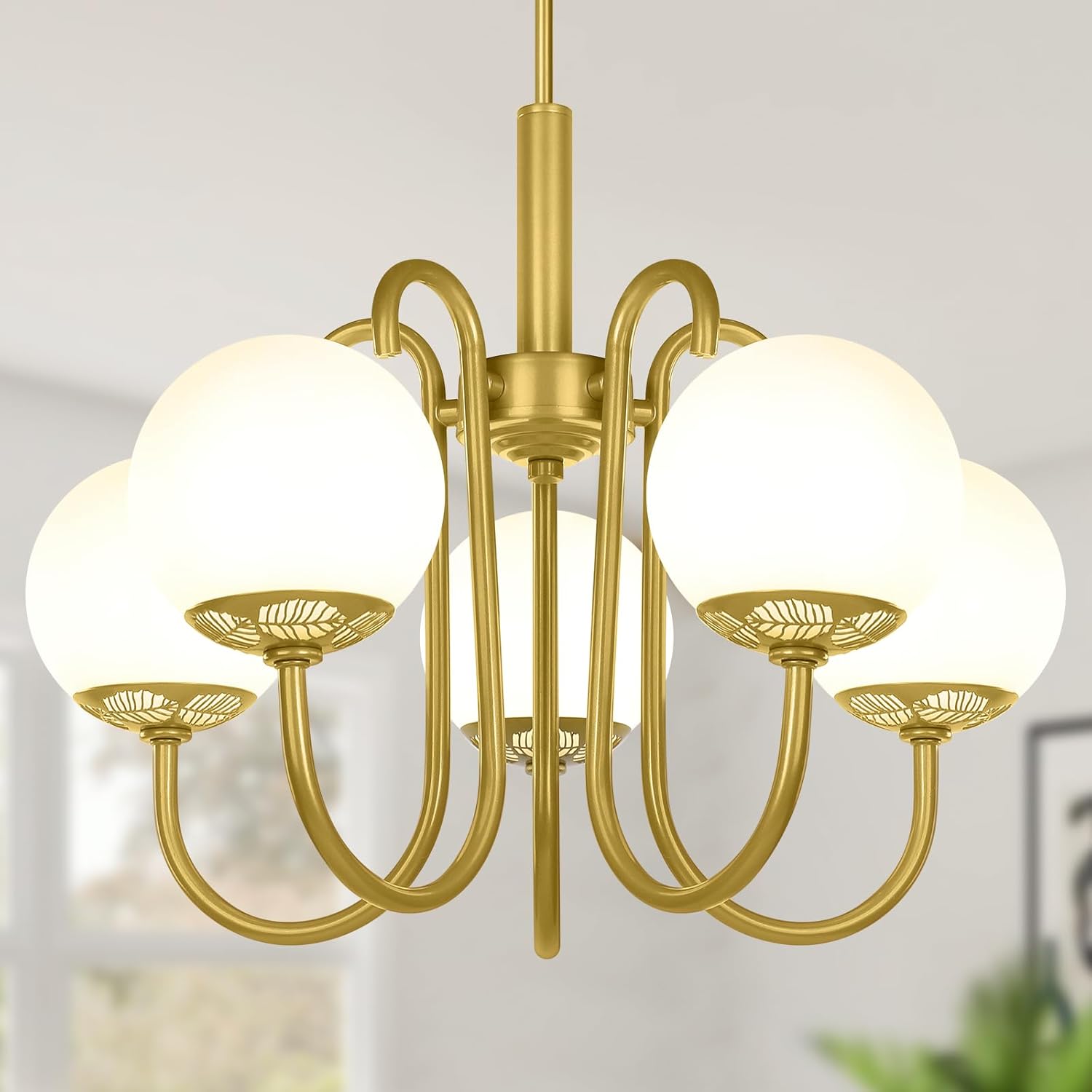 Gold Chandelier, 5-Light Mid Century Brass Chandeliers for Dining Room Kitchen Island, Modern Globe Chandelier Light Fixture Ceiling Hanging for Living Room Entryway Foyer, Height Adjustable