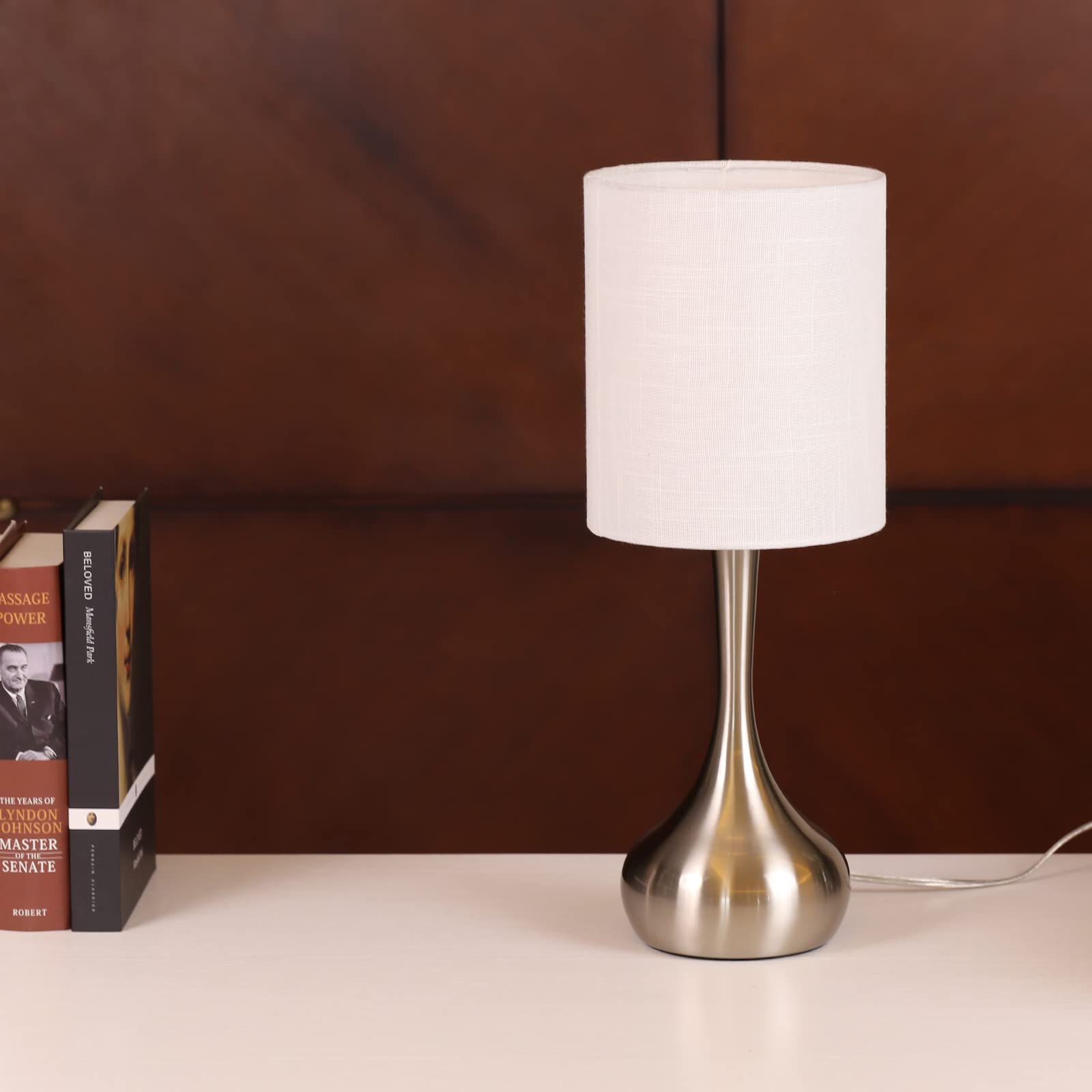 Modern Table Lamp Brown Base, 17.3" Small Desk Light with Metal Droplet, Cylinder Linen Drum Shade, Nightstand Lamp for Bedroom Living Room Nightstand Office