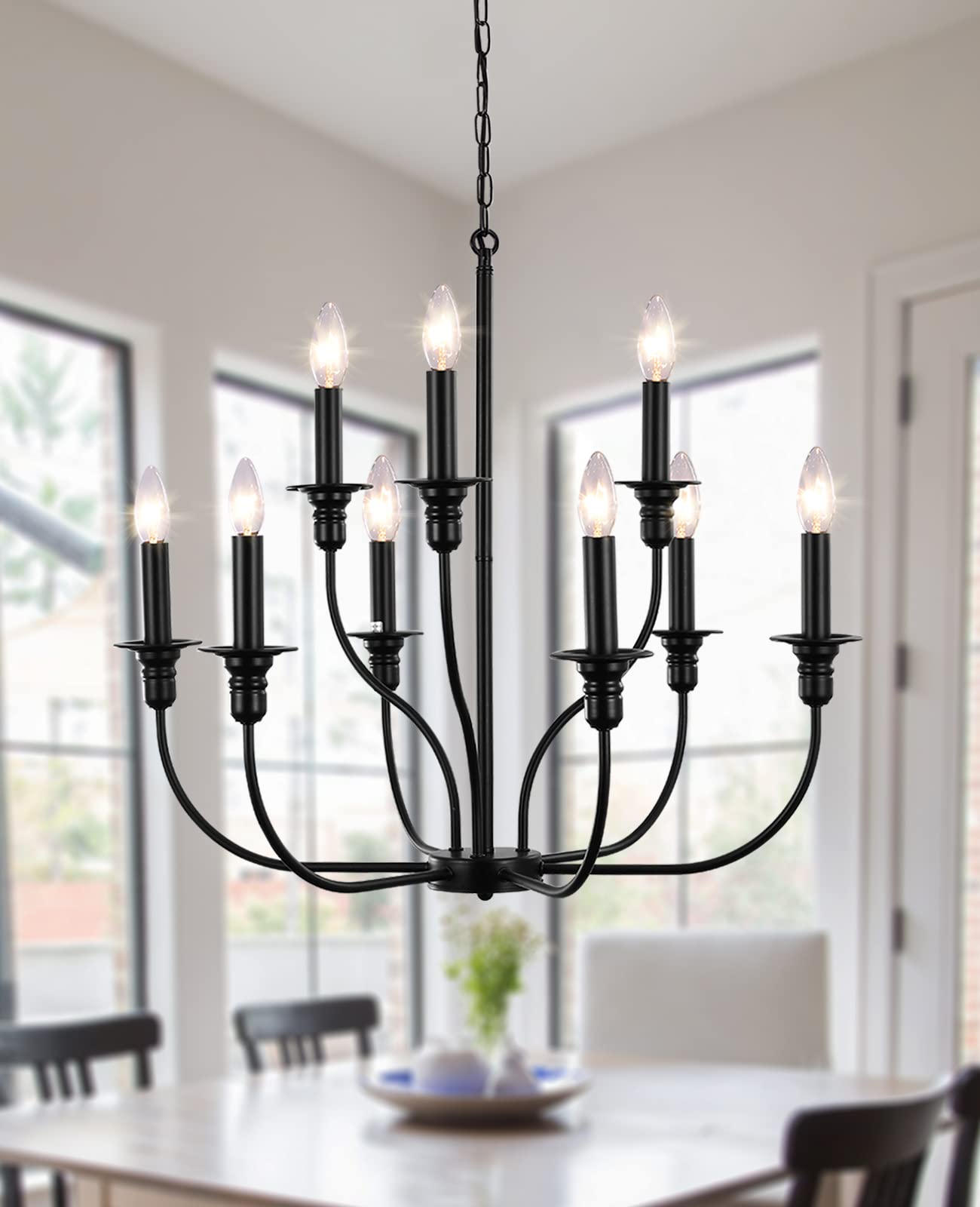 9-Light Matte Black Farmhouse Chandelier for Dining Room Light Fixture Hanging, Industrial Candle Pendant Light Rustic Chandelier for Living Room Foyer Bedroom Kitchen Island Lighting