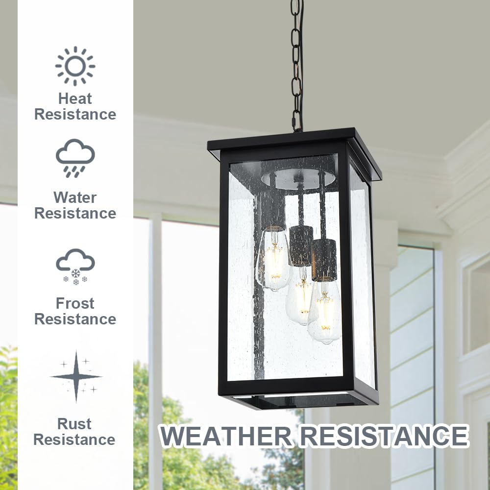 3-Lights Large Outdoor Pendant Light, Black Porch Ceiling Lighting Fixtures with Seeded Glass Panel, Exterior Hanging Lantern Adjustable Chain for Yard Entryway Patio