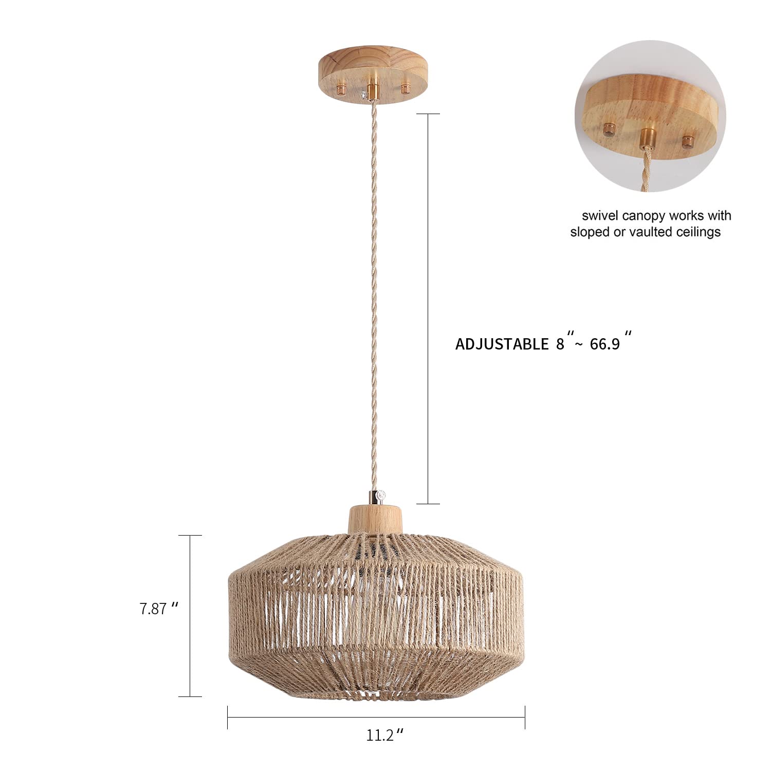 Coastal Large Woven Pendant Light Fixture 17.8 inch One-Light Adjustable Natural Hemp Rope Cage Pendant Lighting for Kitchen Island Dining Room Living Room Farmhouse