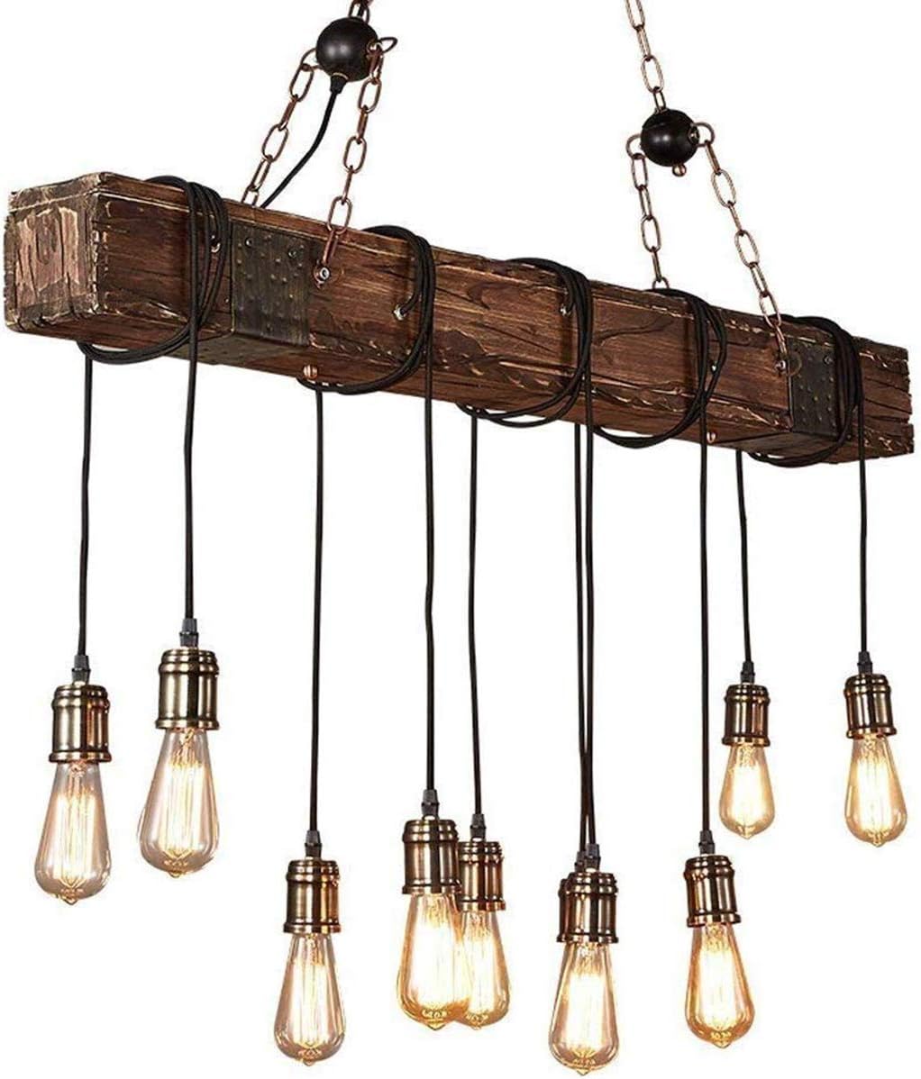 10-Lights Rustic Chandelier Wooden Retro Pendant Light Industrial Suspension Light Wood Chandelier -line can be Adjusted Freely