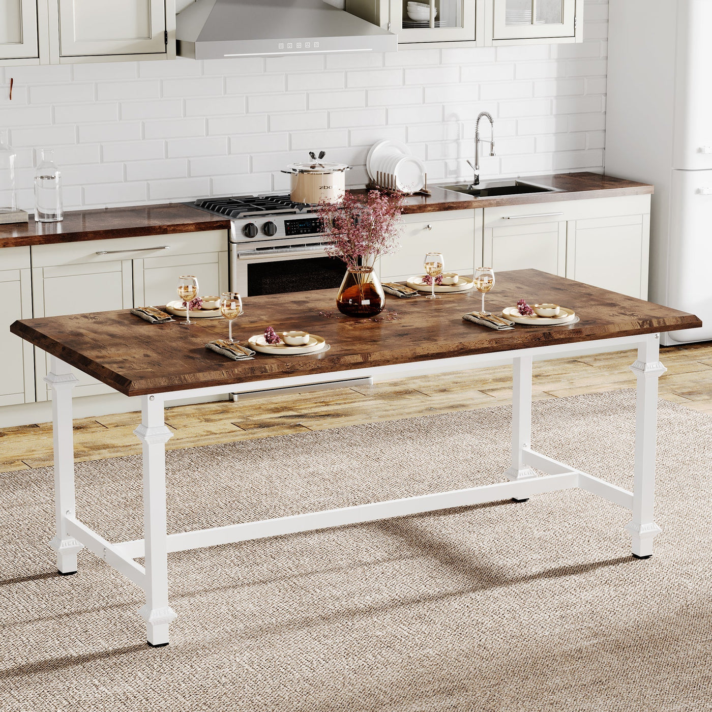Bertene Wooden Dining Table, White Brown Wood Farmhouse Kitchen Table for 6
