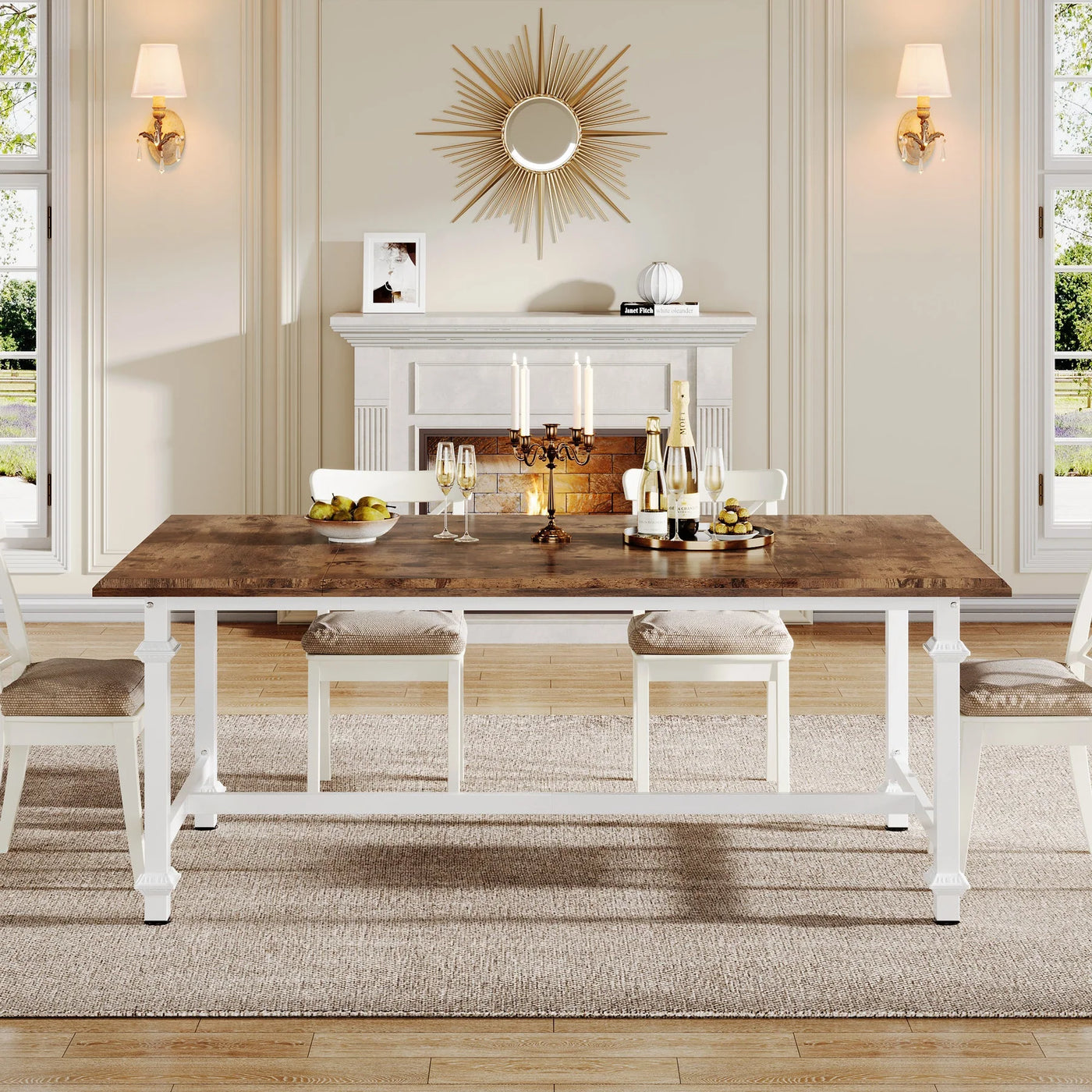 Mesa de comedor de madera Bertene, mesa de cocina de madera blanca y marrón para 6 personas