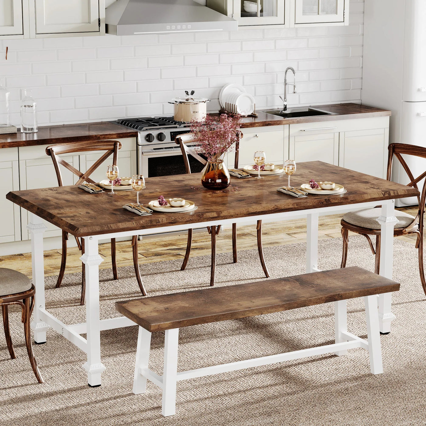 Mesa de comedor de madera Bertene, mesa de cocina de madera blanca y marrón para 6 personas