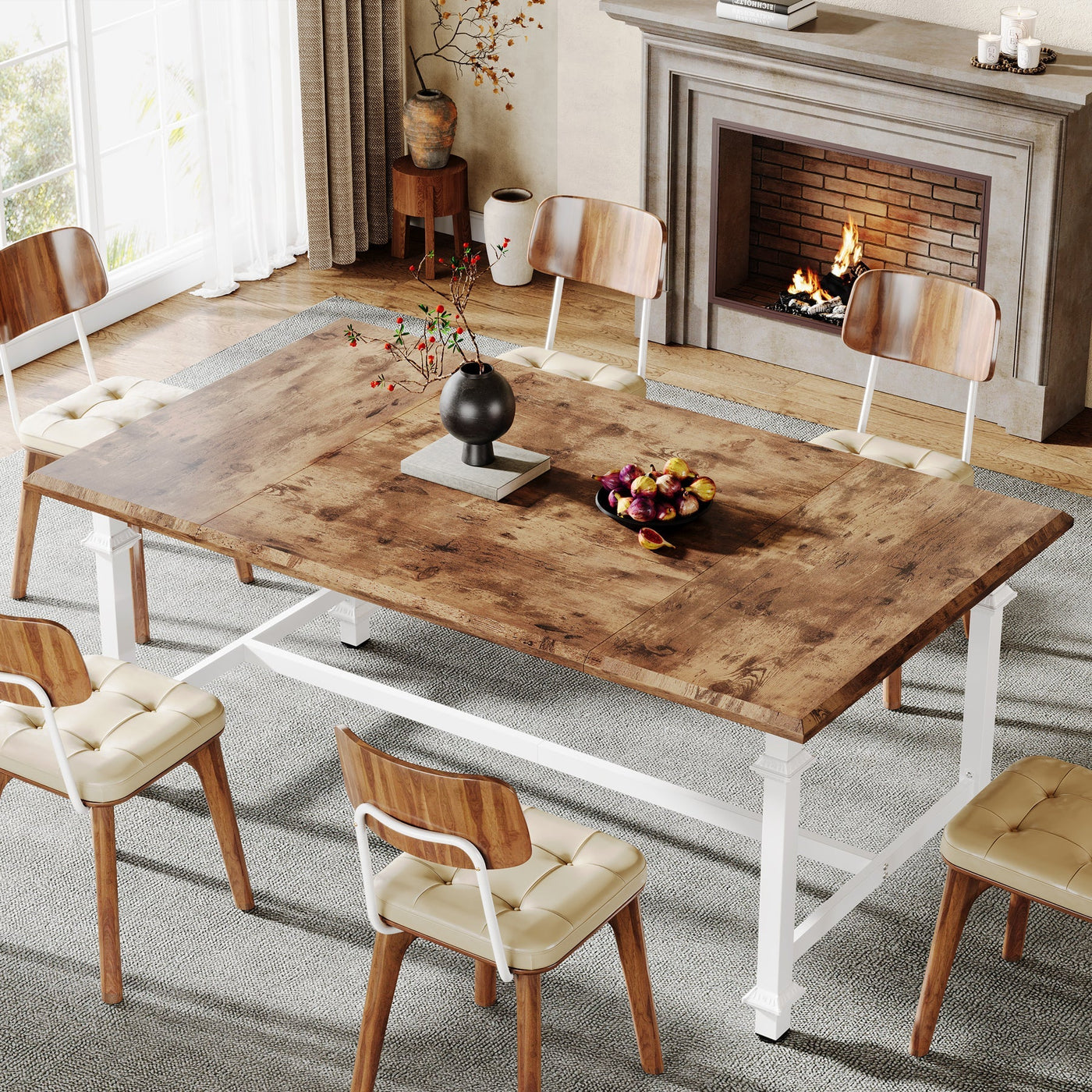 Bertene Wooden Dining Table, White Brown Wood Farmhouse Kitchen Table for 6