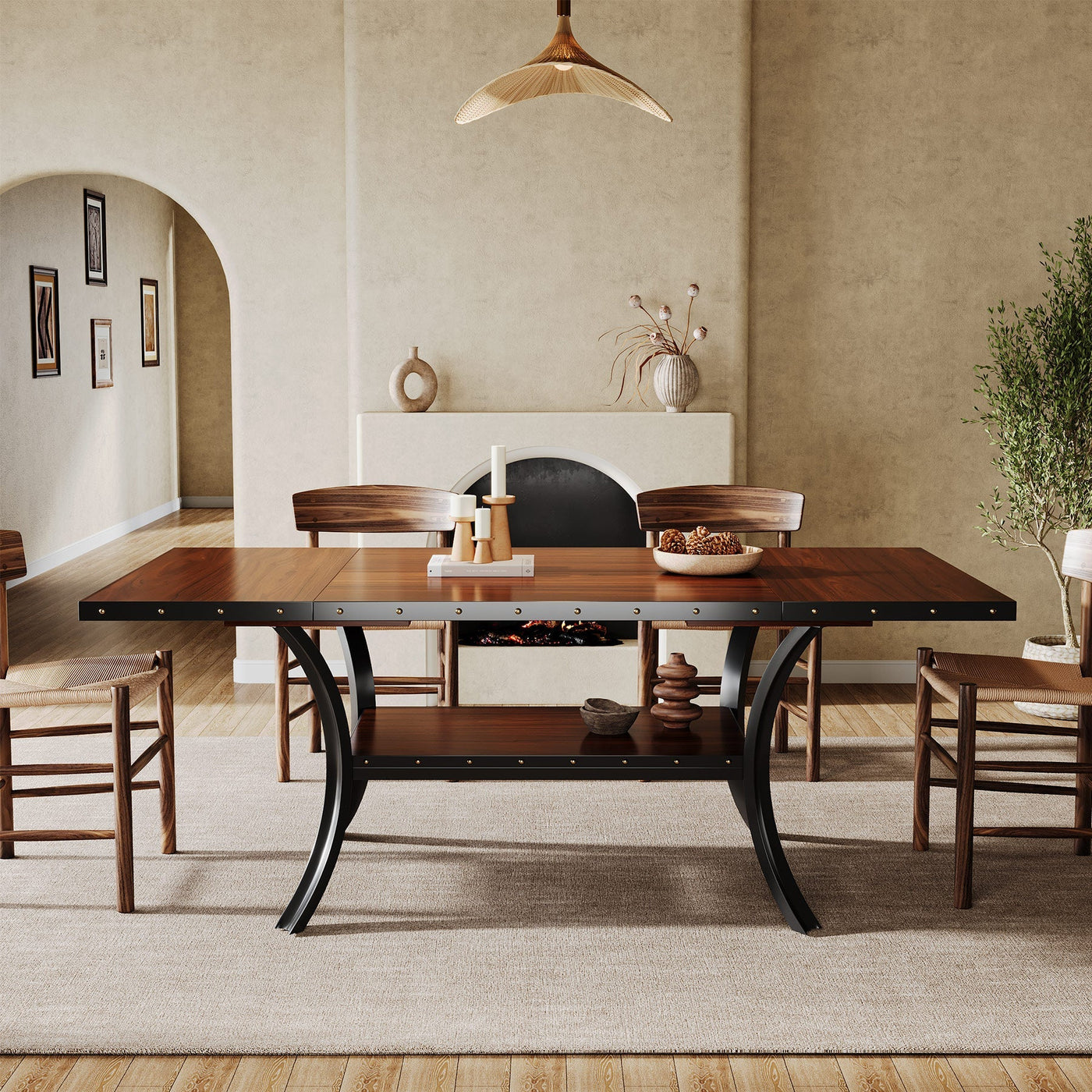 Mesa de comedor de madera Ciesta | Mesa de cocina rectangular en color marrón dorado y negro para 4-6 personas