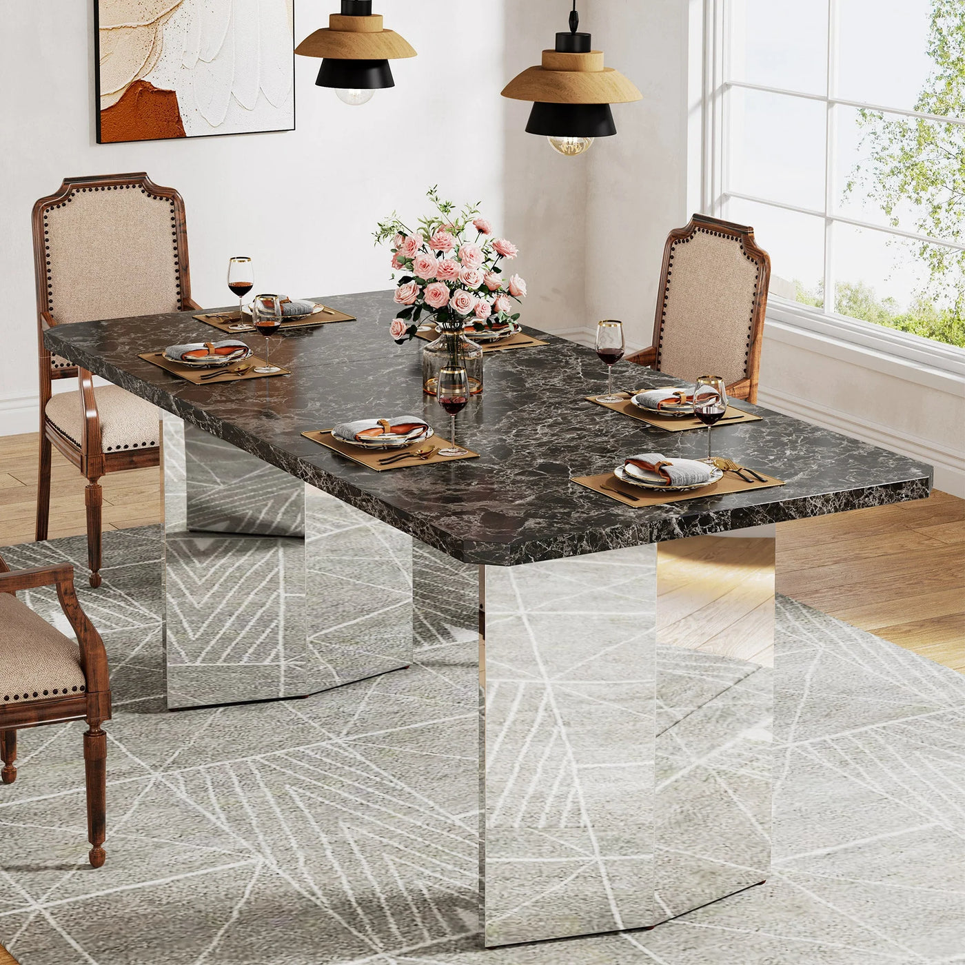 Mesa de comedor Lucas de 62 pulgadas | Mesa de cocina moderna y lujosa de mármol negro para 4-6 personas