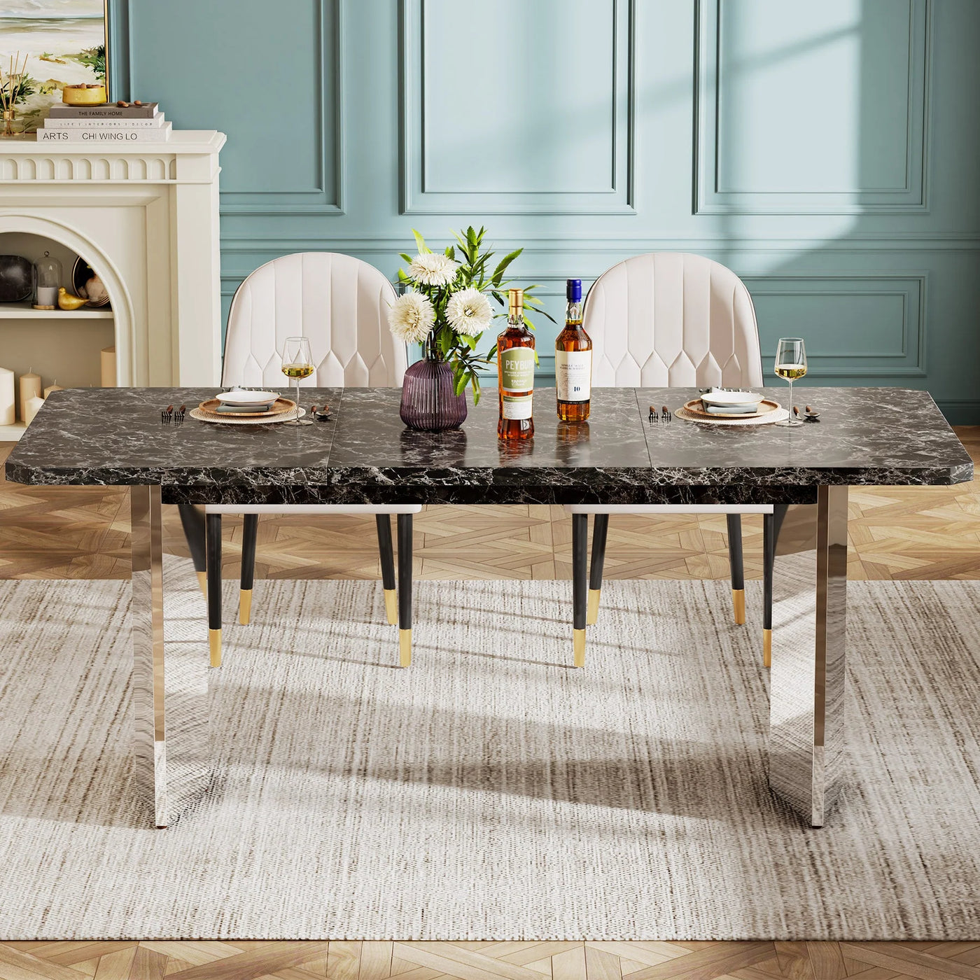 Lucas 62 Inch Dining Table | Modern Luxurious Black Marble Kitchen Table for 4-6