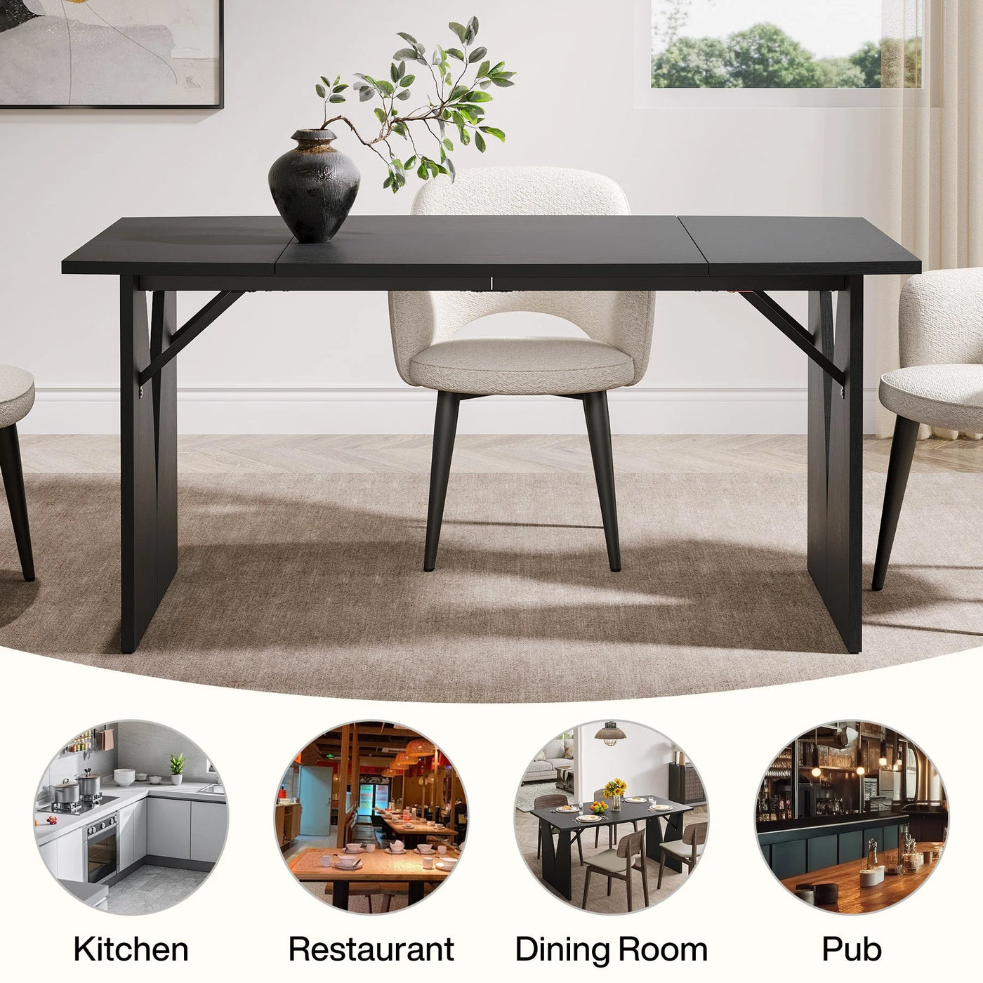 Mesa de comedor Celine negra | Mesa de cocina de madera rectangular moderna para 4-6 personas