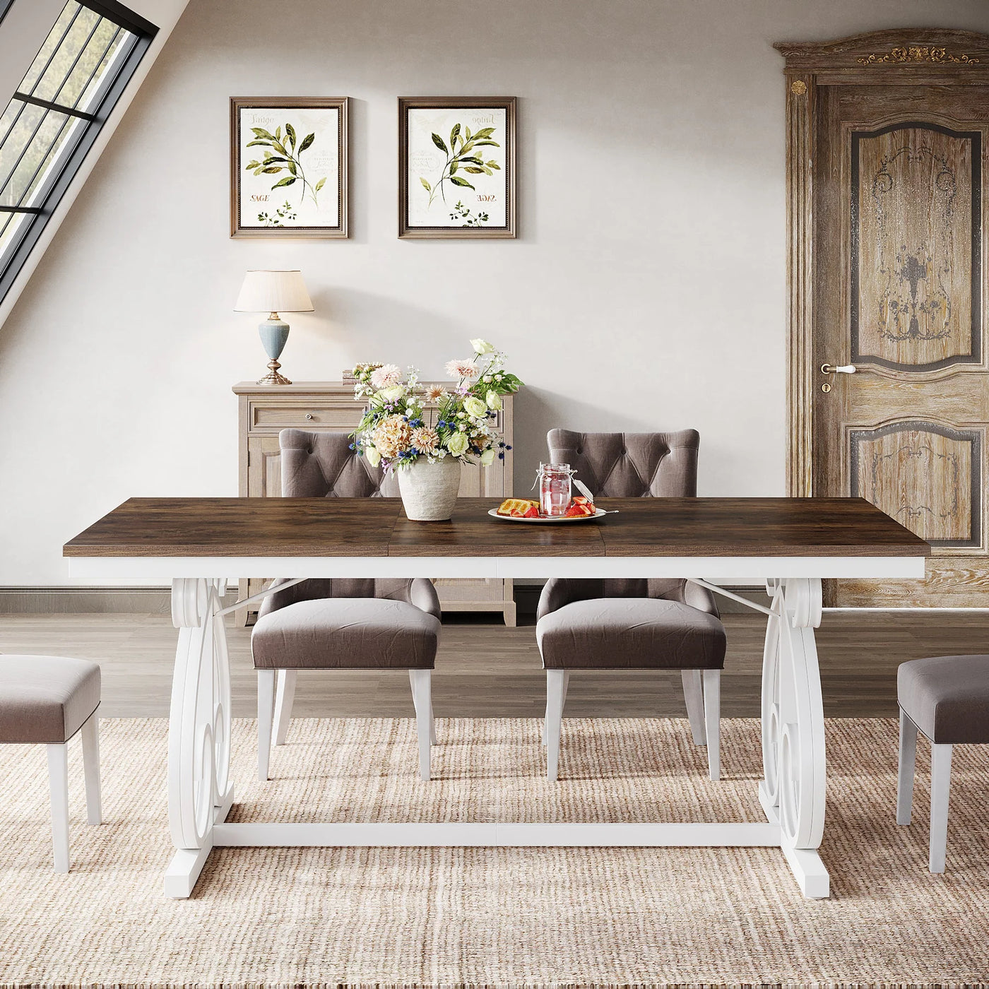 Aidra Wooden Dining Table | Vintage Rectangular Kitchen Table with Scrolled Legs