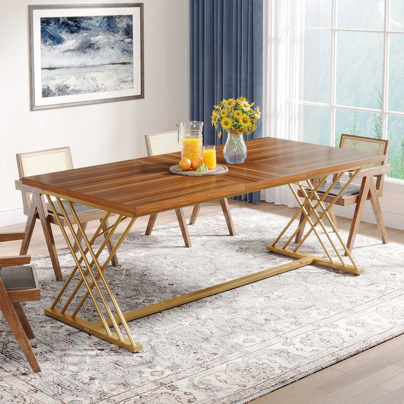 Mesa de comedor Peach de 63 pulgadas, mesa de cocina de madera con marco de metal dorado