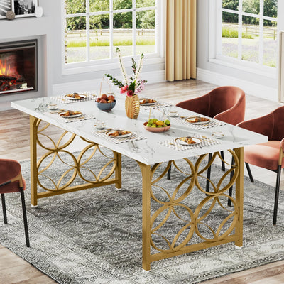 Mesa de comedor Reece de 63 pulgadas | Mesa de cocina moderna con base de metal dorado de imitación de mármol para 6 personas