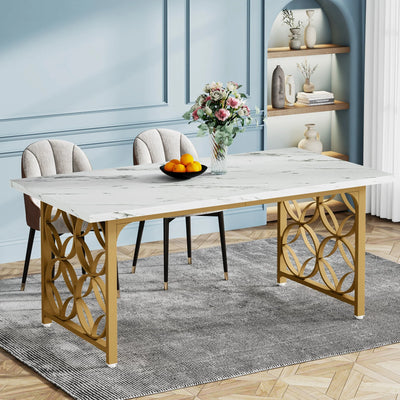 Reece 63-inch Dining Table | Modern Faux Marble Gold Metal Base Kitchen Table for 6 People