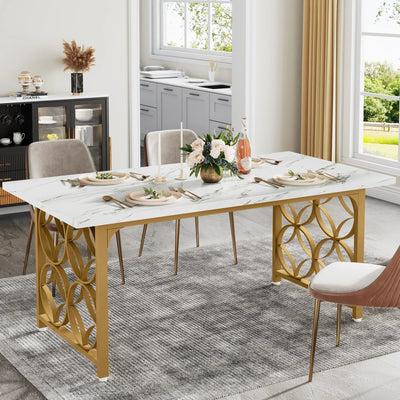Reece 63-inch Dining Table | Modern Faux Marble Gold Metal Base Kitchen Table for 6 People