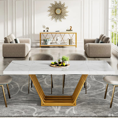 Milan 63-Inch Modern Dining Table | with Faux White Marble Top Gold Base For 4-6 People