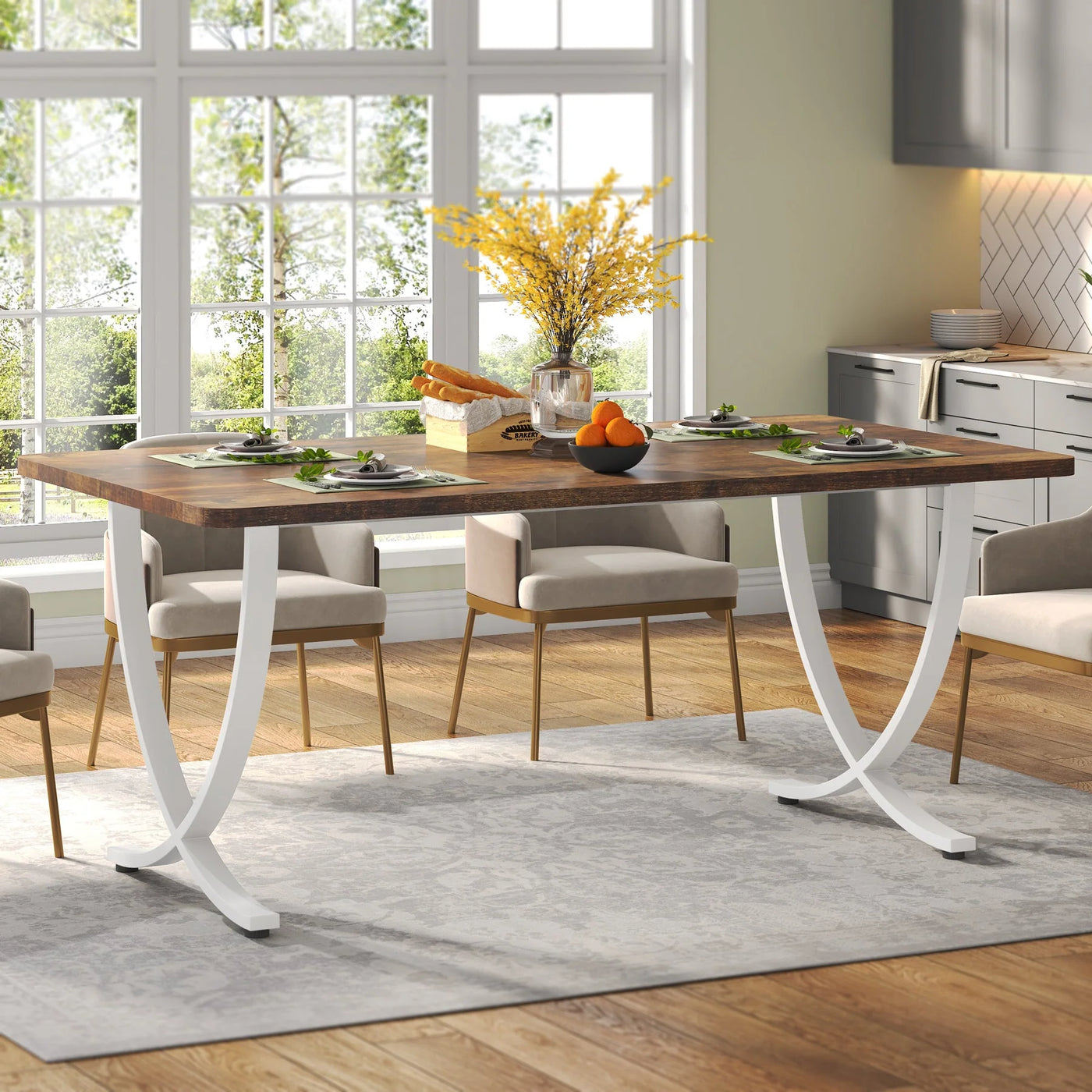 Dhabi 63" Modern Dining Table | Kitchen Table with Faux Marble Table Top White Black Gold Metal Base