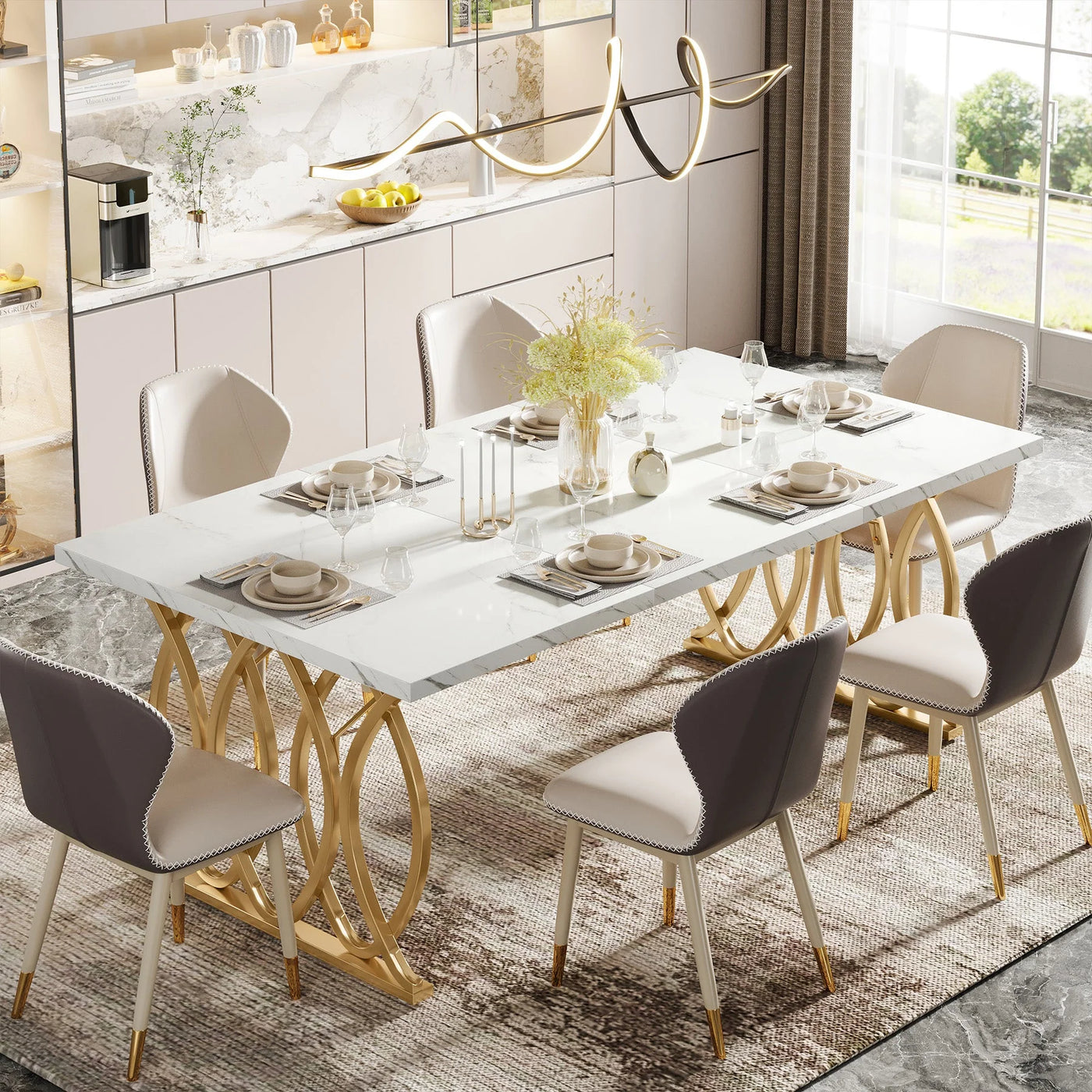 Verre Mesa de comedor moderna de 63 pulgadas con tablero de madera marrón para mesa de cocina de 4 a 6 personas