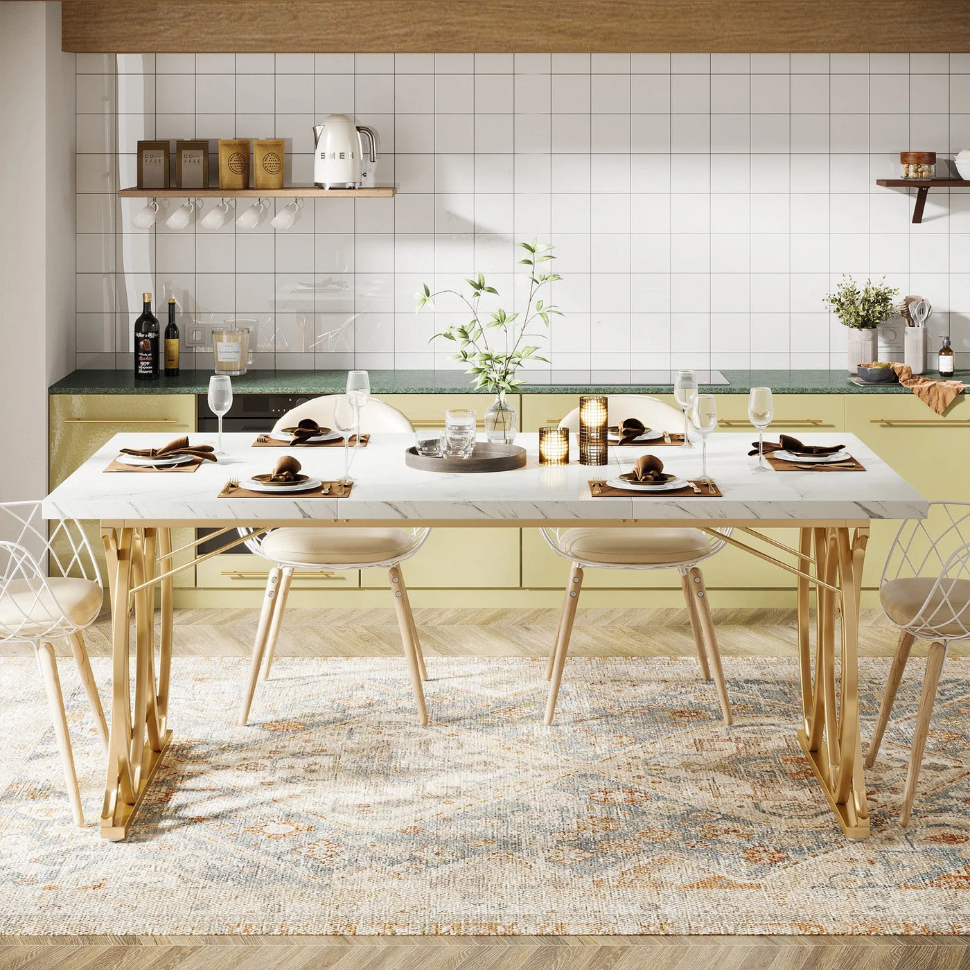 طاولة طعام حديثة مقاس 63 بوصة من Verre مع سطح من الخشب البني تتسع لـ 4-6 أشخاص لطاولة عشاء المطبخ