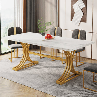 Mantra 63" Modern Dining Table with Faux Marble Tabletop & Metal Legs