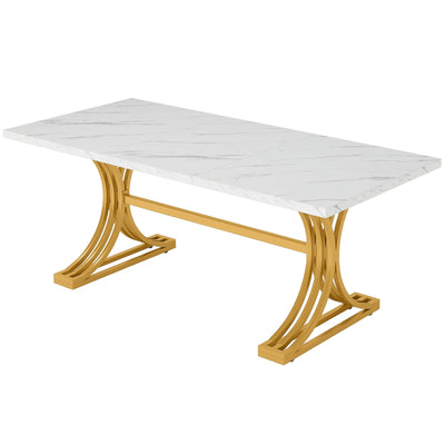 Mesa de comedor moderna Mantra de 63" con tablero de mármol sintético y patas de metal