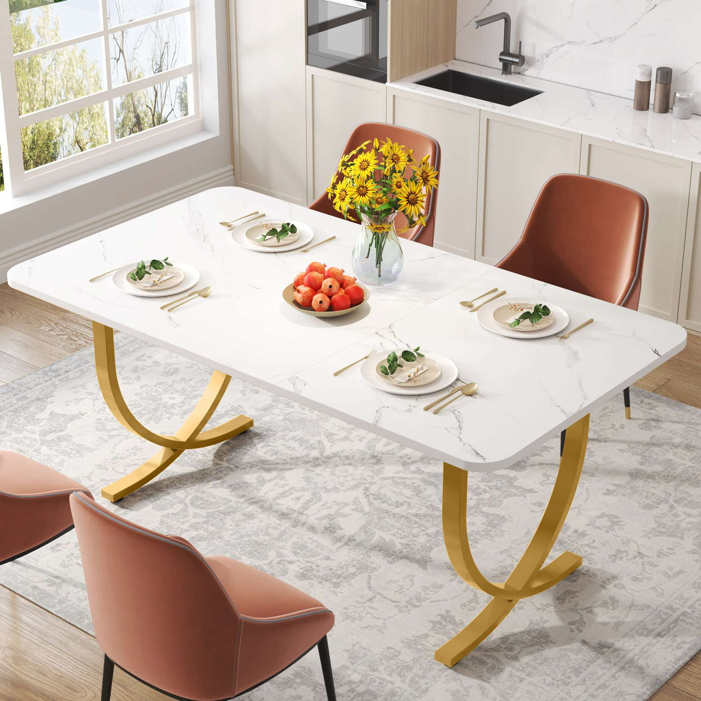 Dhabi 63" Modern Dining Table | Kitchen Table with Faux Marble Table Top White Black Gold Metal Base