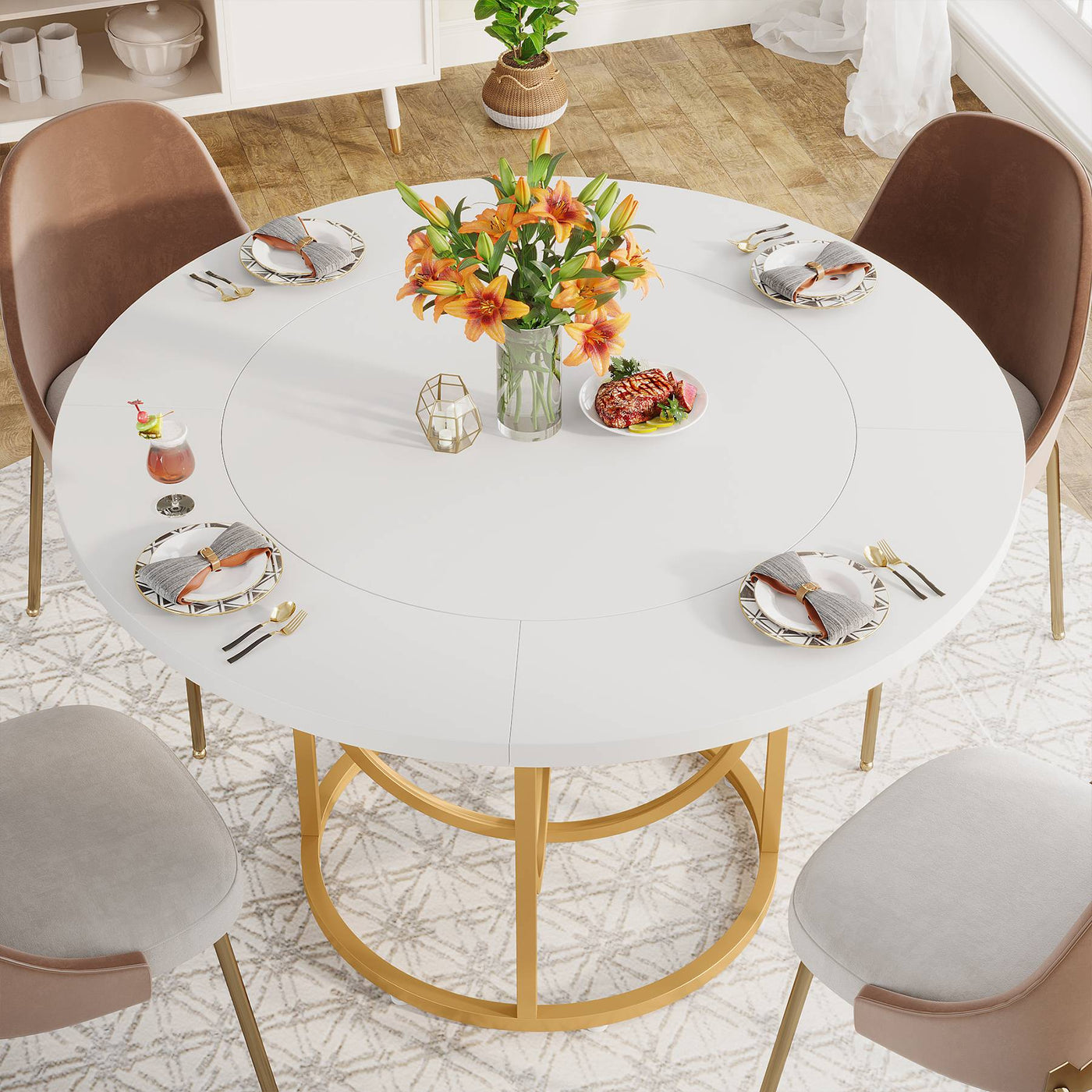 Hugh Round Dining Table | Wood Circular 47" Kitchen Dinner Table with Metal Base for 4