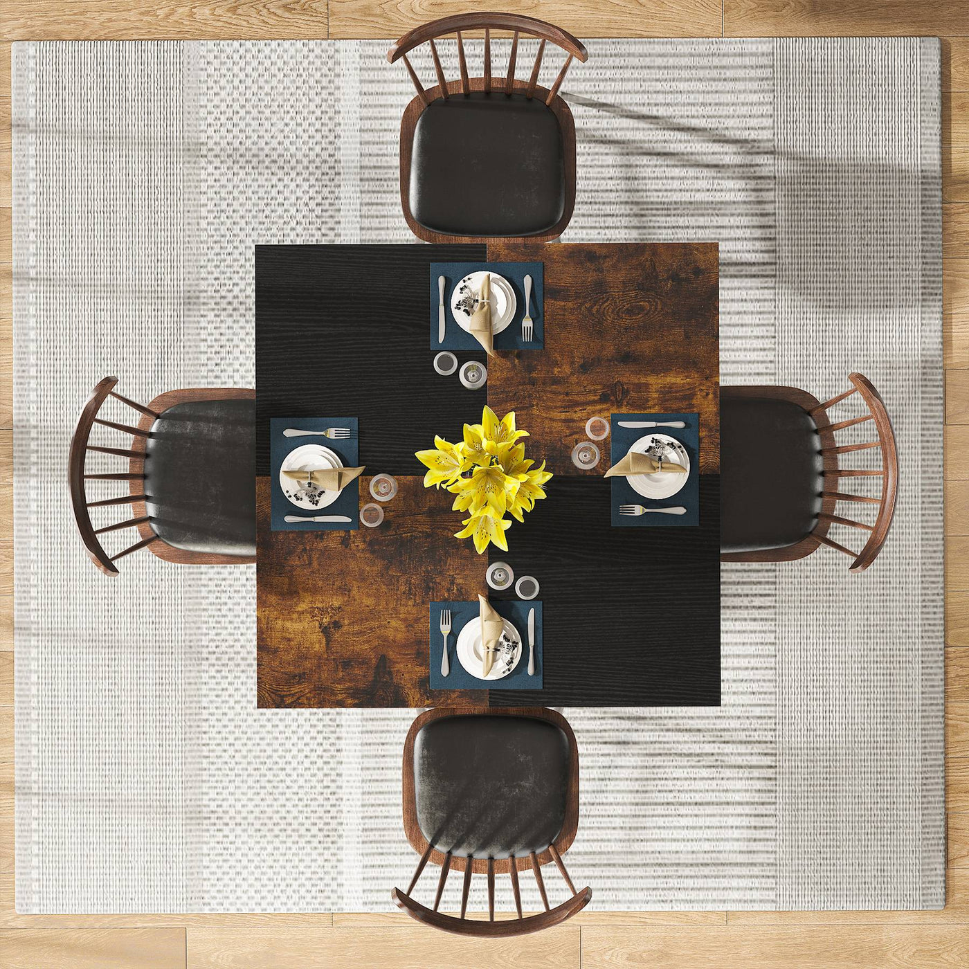 طاولة طعام مربعة من الخشب باللون الأسود والبني من برولي | طاولة عشاء مقاس 47 بوصة مع رف تخزين لـ 4 أشخاص
