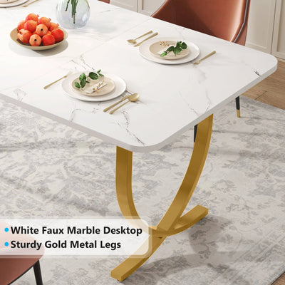 Mesa de comedor moderna Dhabi de 63" | Mesa de cocina con tablero de mármol sintético, base de metal blanco, negro y dorado