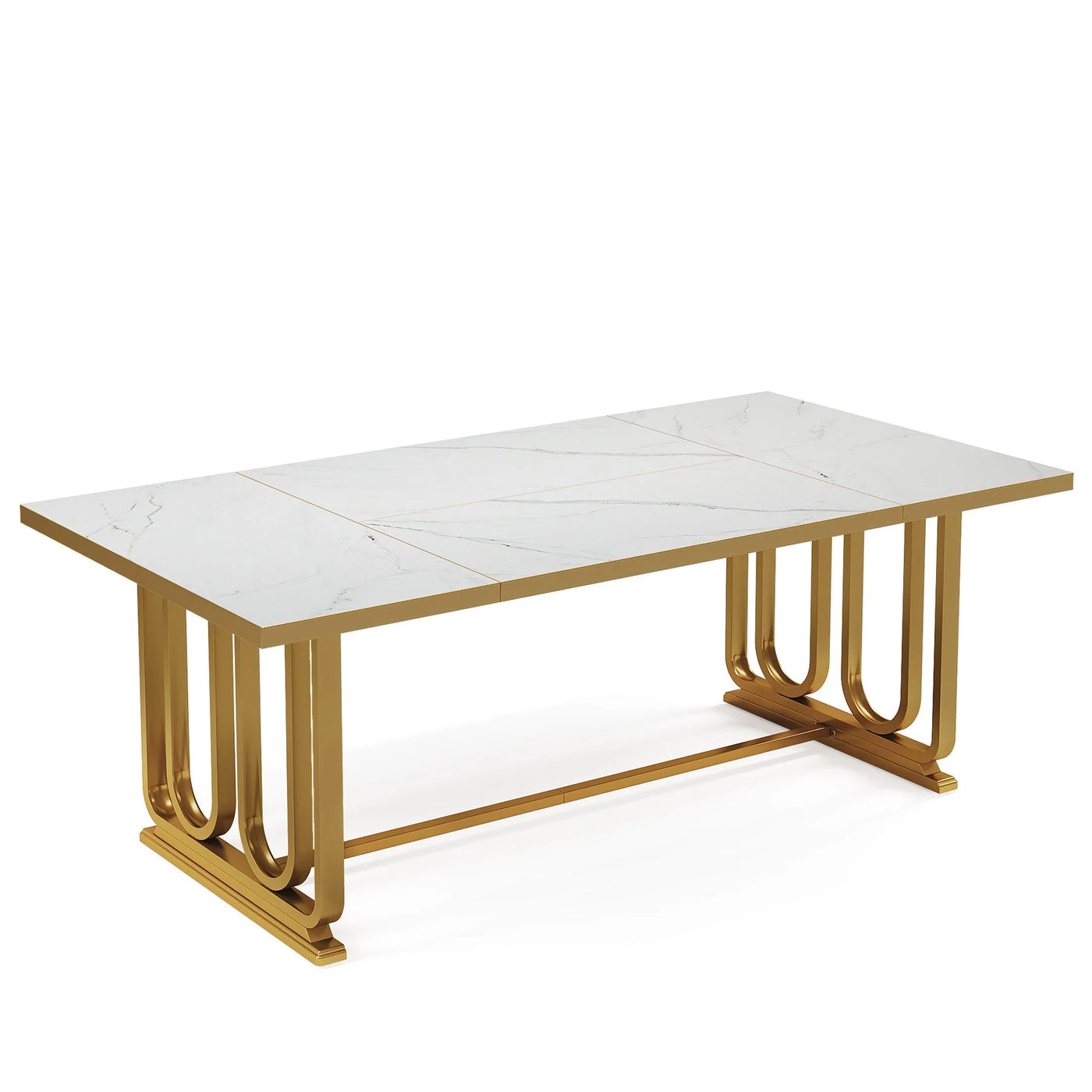 Mesa de comedor Loui de 70,8" | Mesa de cocina rectangular con base de metal dorado moderno de mármol sintético para 6-8