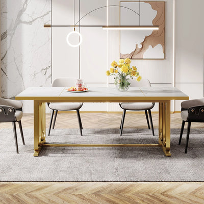 Loui 70.8" Dining Table | Faux Marble Modern Gold Metal Base Rectangle Kitchen Table for 6-8