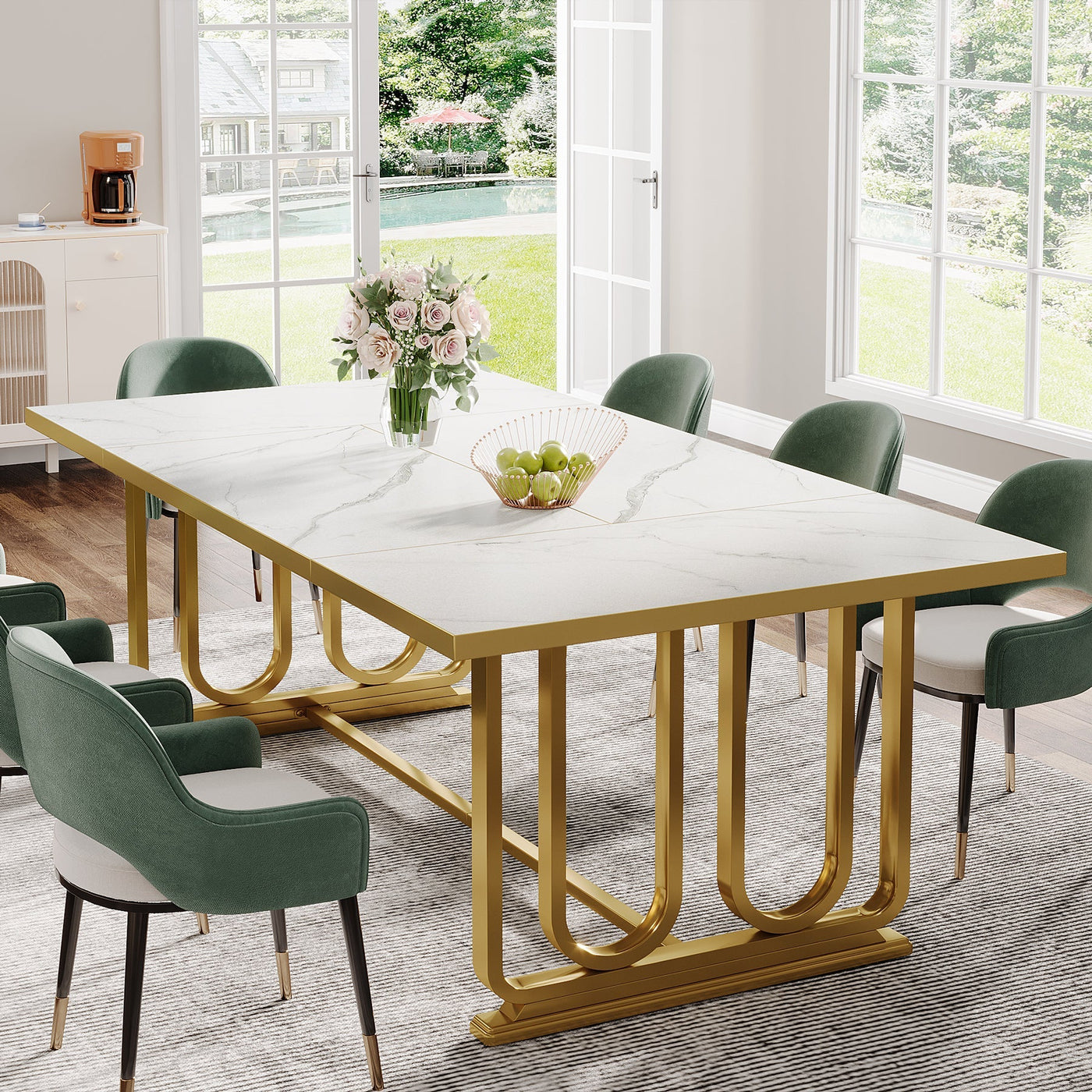 Mesa de comedor Loui de 70,8" | Mesa de cocina rectangular con base de metal dorado moderno de mármol sintético para 6-8