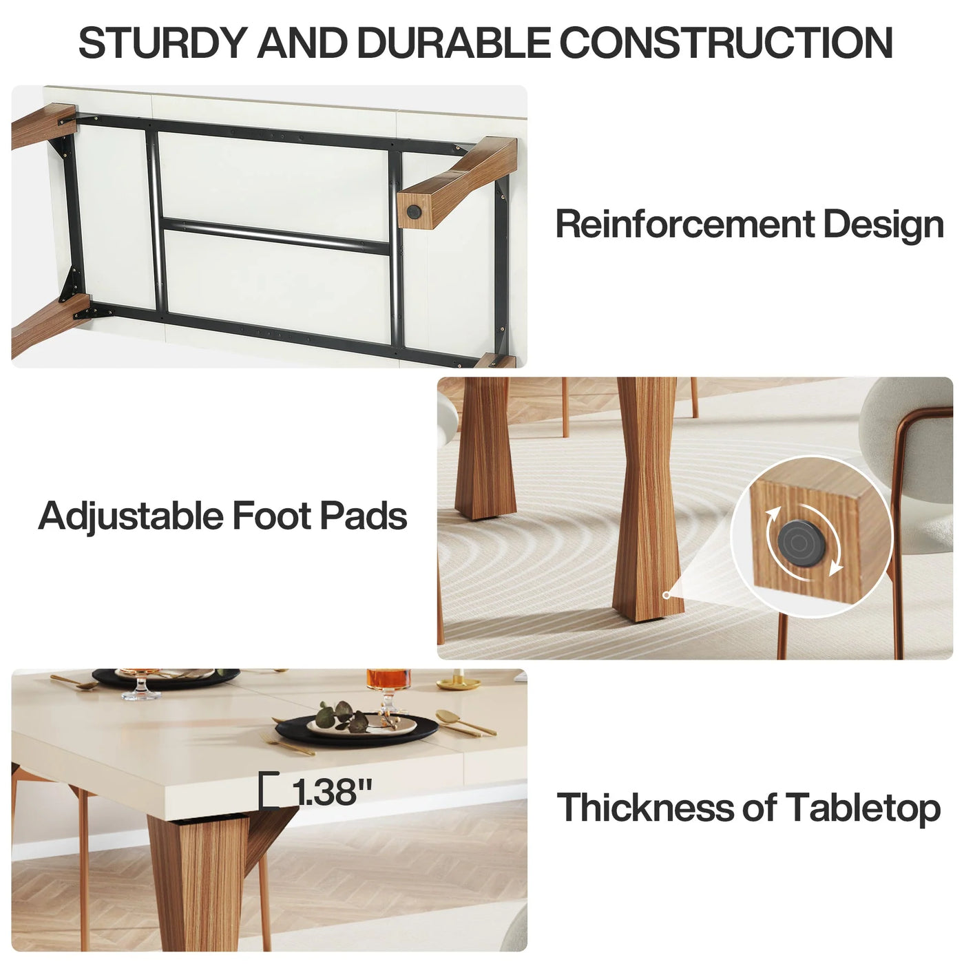 Mesa de comedor de madera Boldano | Mesa de cocina rectangular resistente, color blanco y marrón, para 6-8 personas