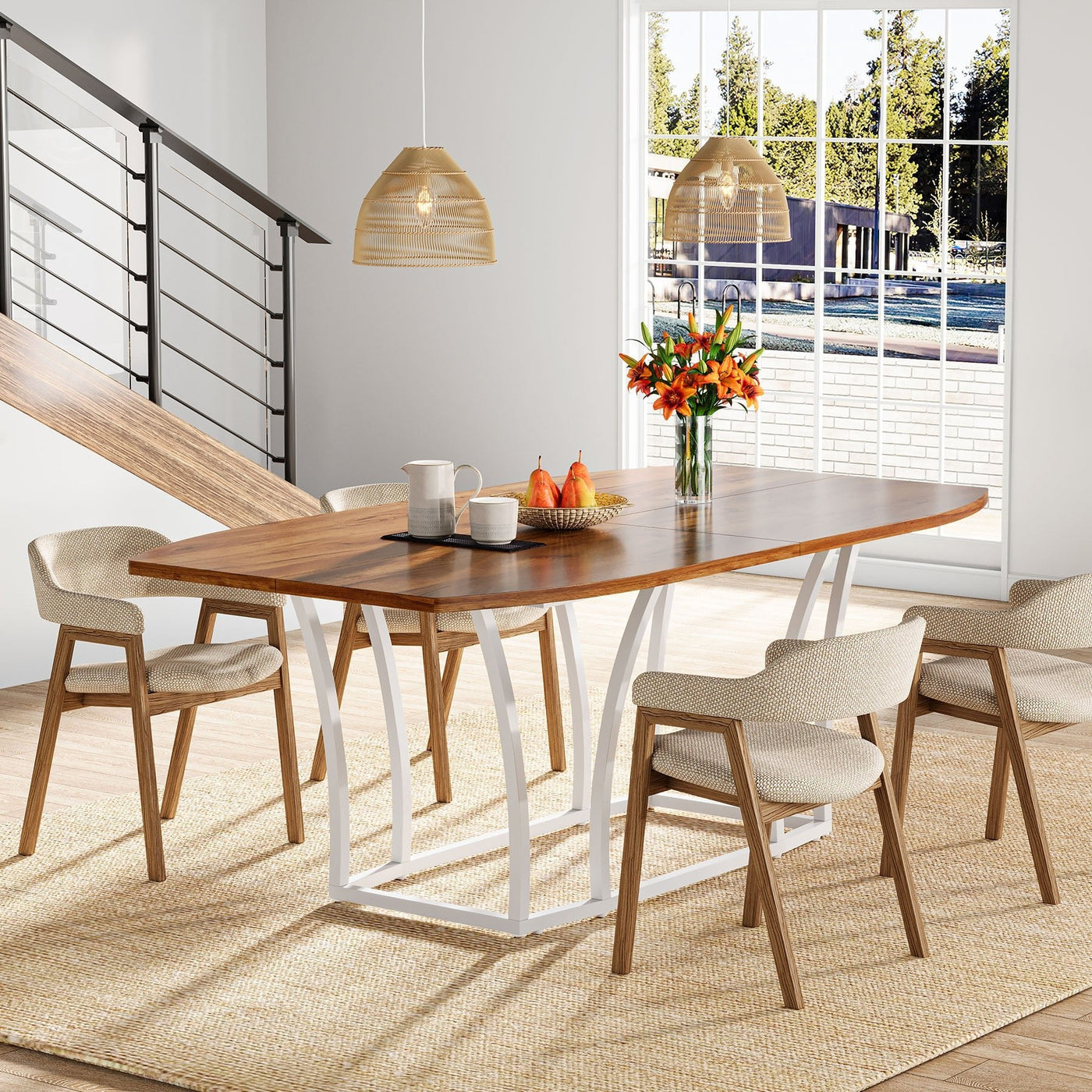 Monserrat 70.87" Oval Wood Rectangular White Brown Dining Table Kitchen Table with Metal Legs