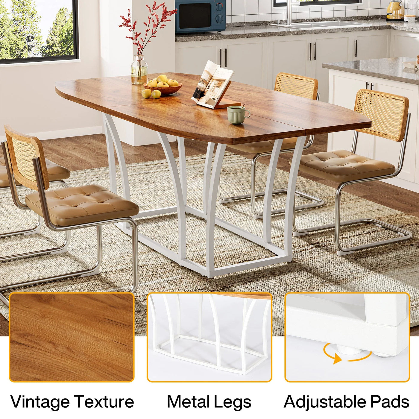 Monserrat Mesa de comedor rectangular de madera ovalada de 70,87 pulgadas, color blanco y marrón, mesa de cocina con patas de metal