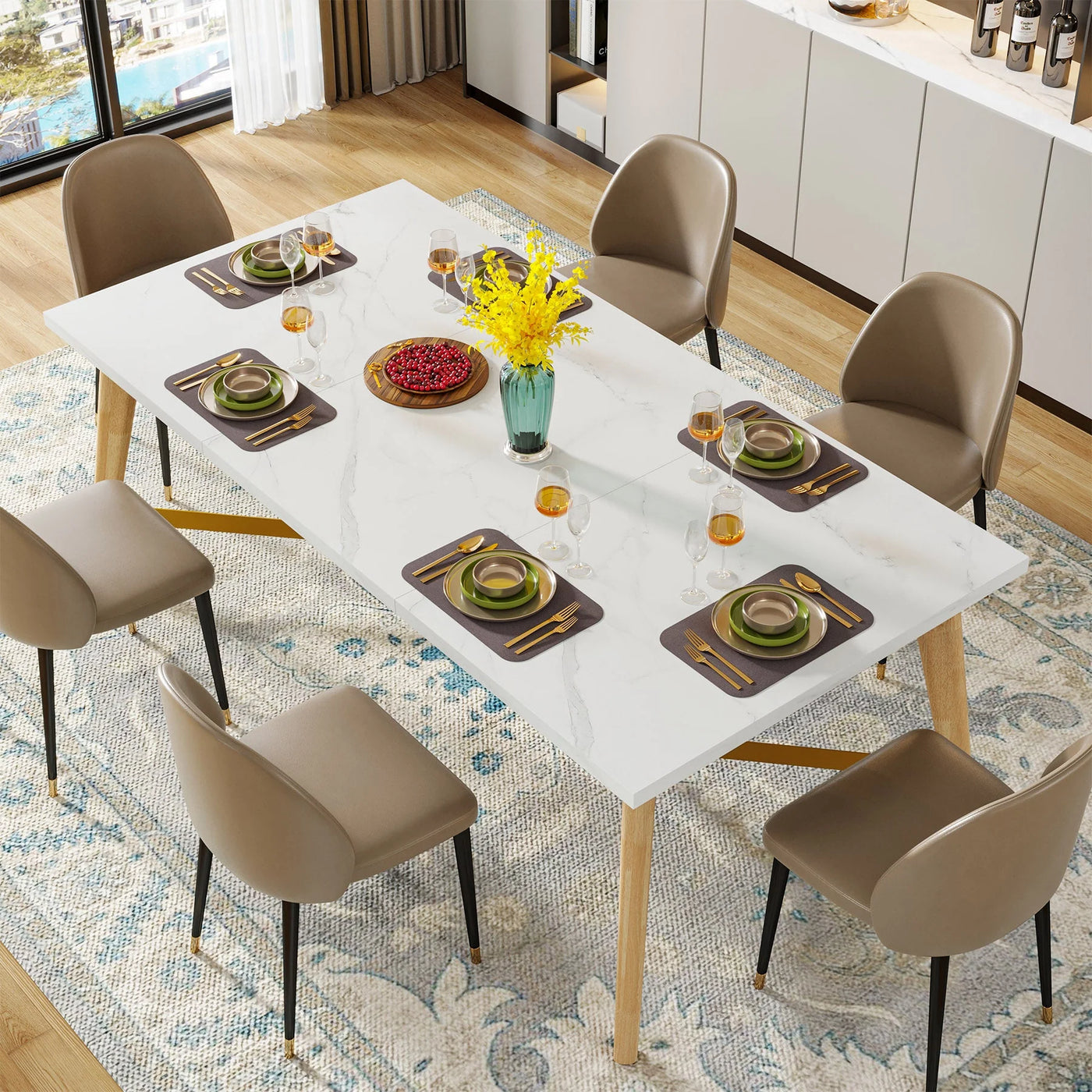 Mesa de comedor verde oliva de 70,9" para 6-8 personas | Mesa de cocina moderna de mármol dorado con patas de madera maciza