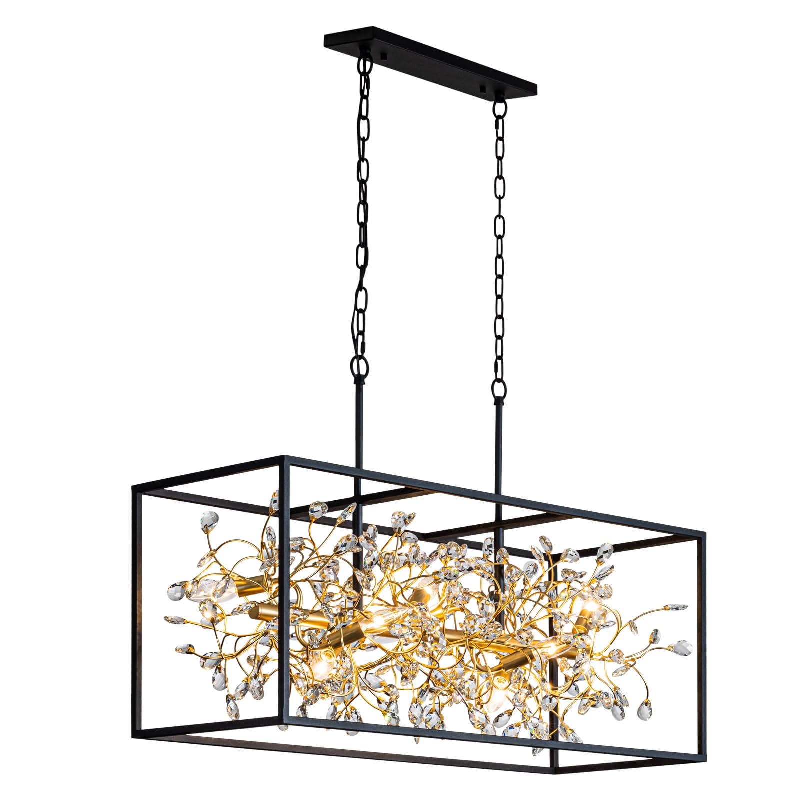 Rectangle Crystal Chandelier for Dining Room 8-Light Black and Gold Modern Farmhouse Chandelier Rectangular Contemporary Pendant Light Fixture for Kitchen Island Bar