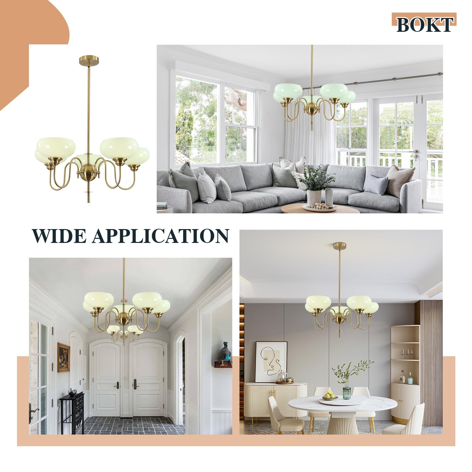 Gold Vintage Chandelier Modern 5-Light Globe Chandelier with Smooth Lampshade Sputnik Pendant Light Dining Room Chandelier for Living Room Bedroom