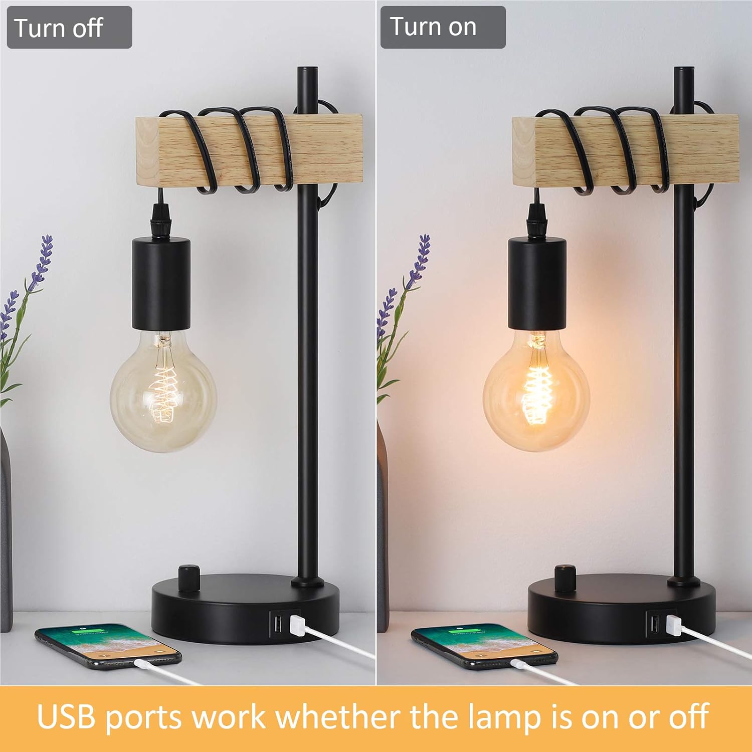 Industrial Table Lamp, Bedside Nightstand Lamp with 2 USB Charging Ports, Vintage Desk Lamp with Solid Wood for Bedroom Living Room Office