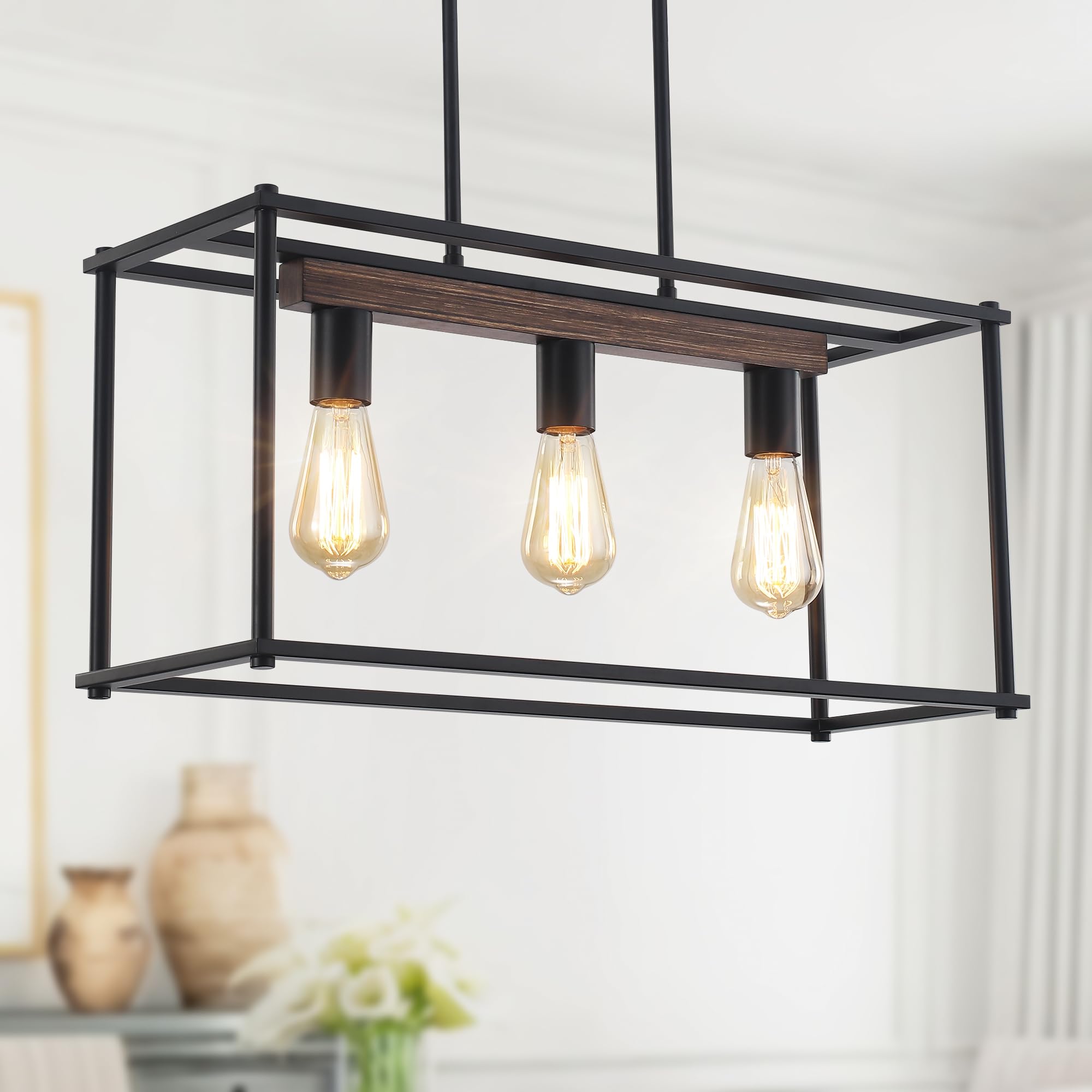 41" Black Chandeliers Rectangle Kitchen Island Lighting, Modern Pendant Lights Kitchen Island, 6 Light Farmhouse Chandeliers for Dining Room with Adjustable Height