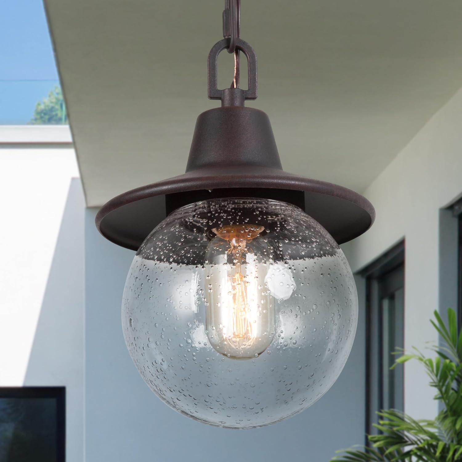 Outdoor Globe Pendant Light Fixture, Farmhouse Exterior Lights with Adjustable Chain, Anti-Rust Ceiling Outdoor Light with Seeded Glass, Hanging Light for Front Door, Entry, Porch, and Gazebo