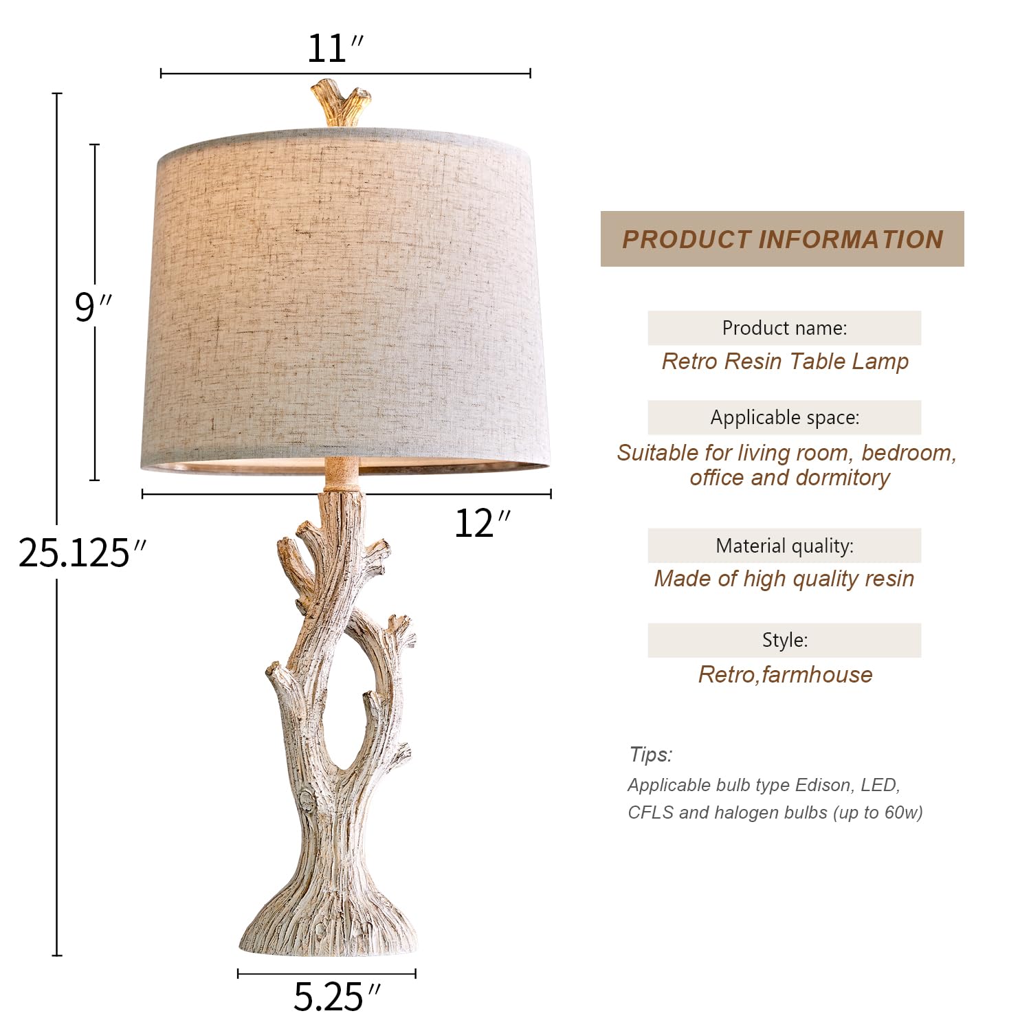 OYEARS 23" Rustic Farmhouse Table Lamp Country Cottage Lamps for Nightstand Tree Trunk Wood Grain Lamp for Bedroom Living Room with Oatmeal Fabric Round Shade Resin Bedside Lamp