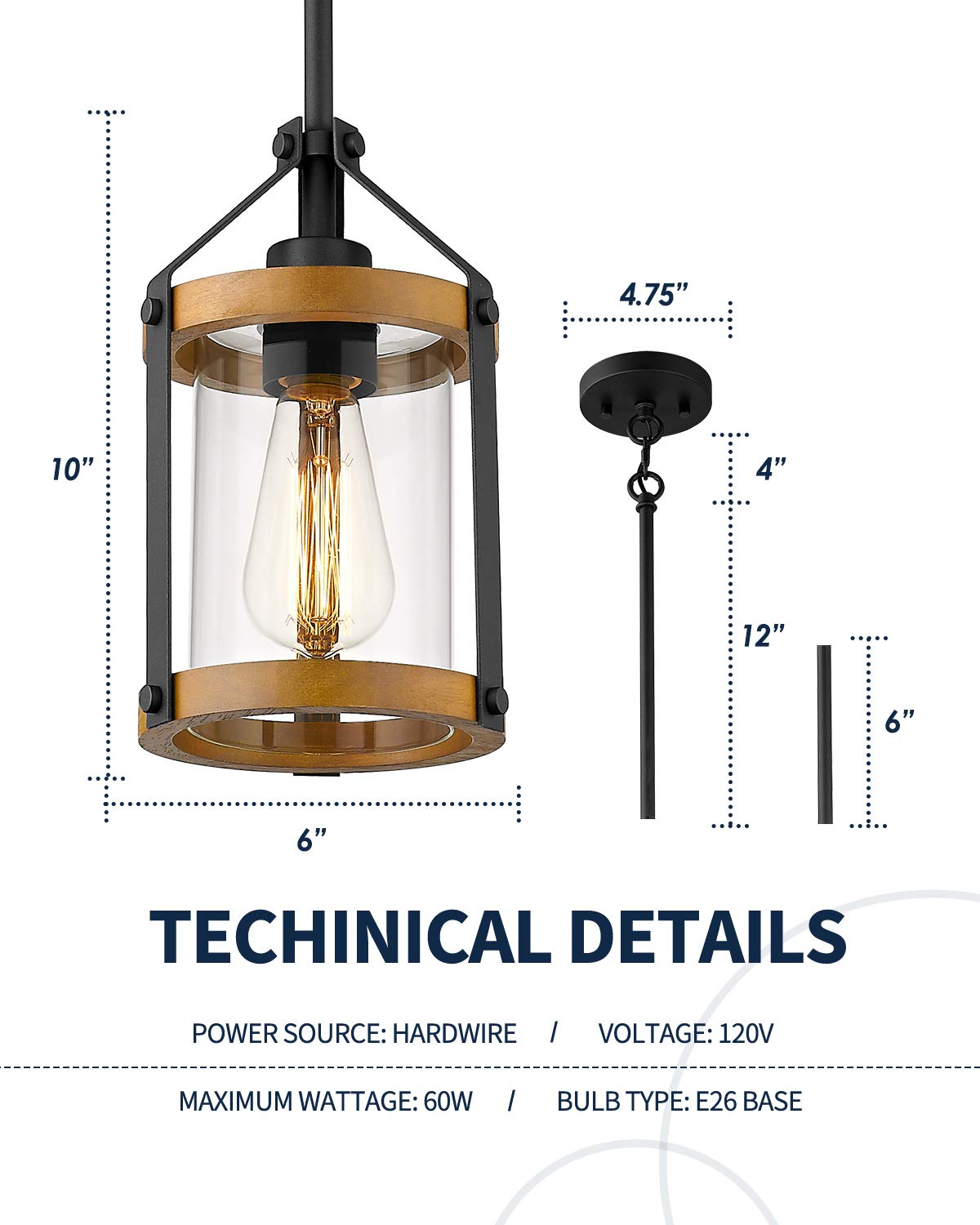 Pendant Light Fixtures, Farmhouse Wood and Glass Pendant Lighting for Kitchen Island, Rustic Length Adjustable MD89437