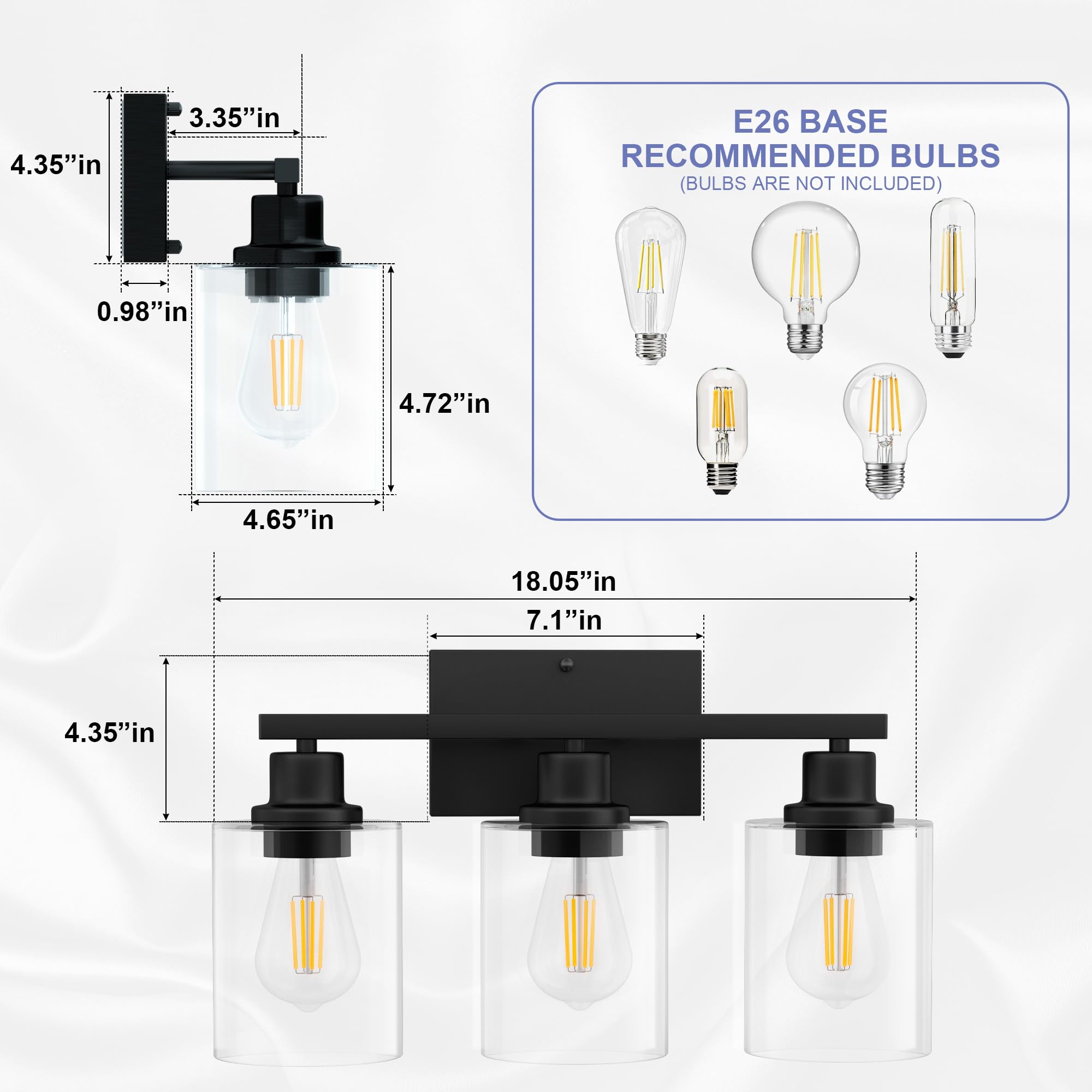 Bathroom Lighting Fixtures Over Mirror Brushed Nickel, Rustproof 3-Light Vanity Lights for Bathroom, 18Inches Modern Wall Sconces E26 Base, Transparent Clear Glass Shades, Bulbs Not Included