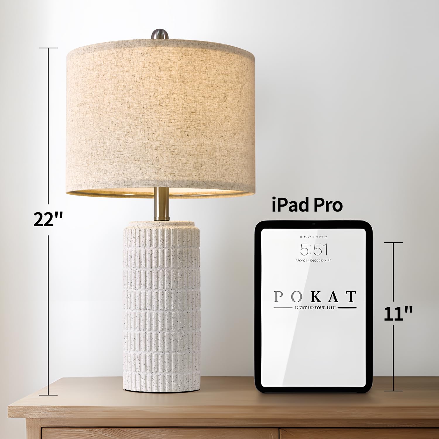 23'' Bedside Table Lamp for Bedroom Nightstand - Ceramic Lamp for Living Room, White Night Stand Light Lamp with Round Linen Shade, Modern Bedroom Lamp Beige