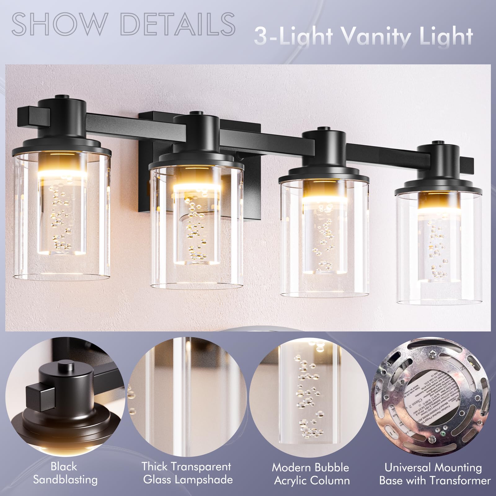 Bathroom Vanity Light Fixtures, 3-Light LED Lighting Fixtures Over Mirror, 5 CCT Modern Chrome Vanity Light for Bathroom with Crystal Bulb Clear Glass Shade Dimmable Bathroom Wall Lamp