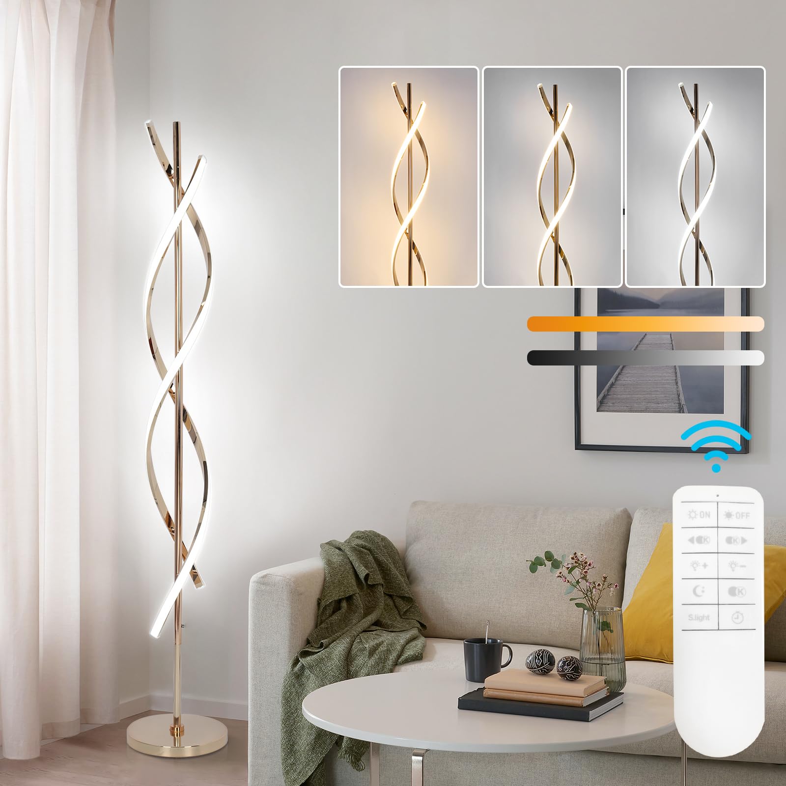 LED Modern Floor Lamp for Living Room, 40W 3 Colors Stepless Dimmable and Color-Changing Bright Floor Standing Lamp,60" Unique Spiral Floor Tall Lamp for Bedroom Office with Remote,Chrome